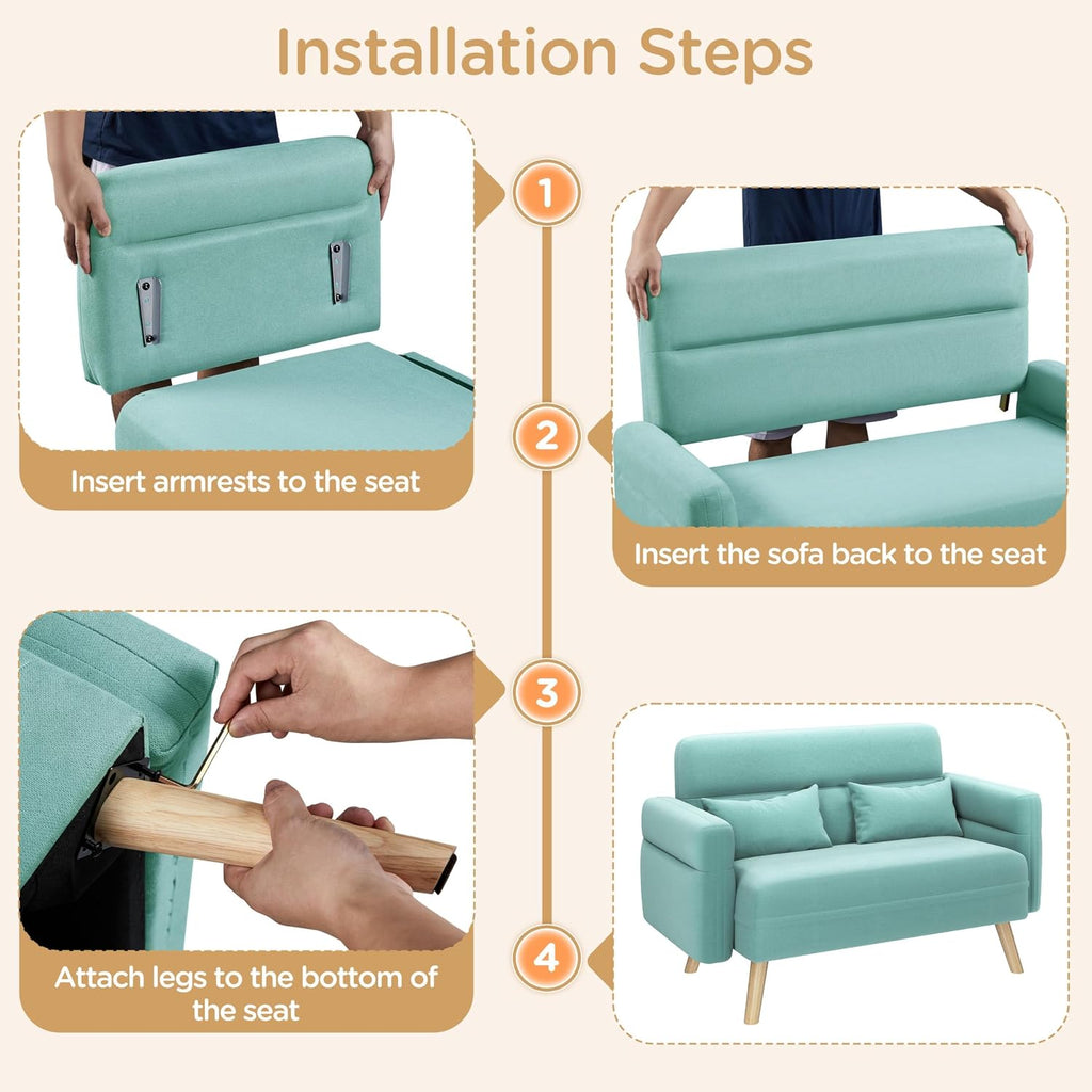 Yaheetech 46' Small Modern Fabric Sofa Loveseat Mid Century 2 Seater Sofa Couch with Lumbar Pillows, Solid Wood Legs for Living Room, Small Space, Dorm, Office, Bedroom, Aquamarine