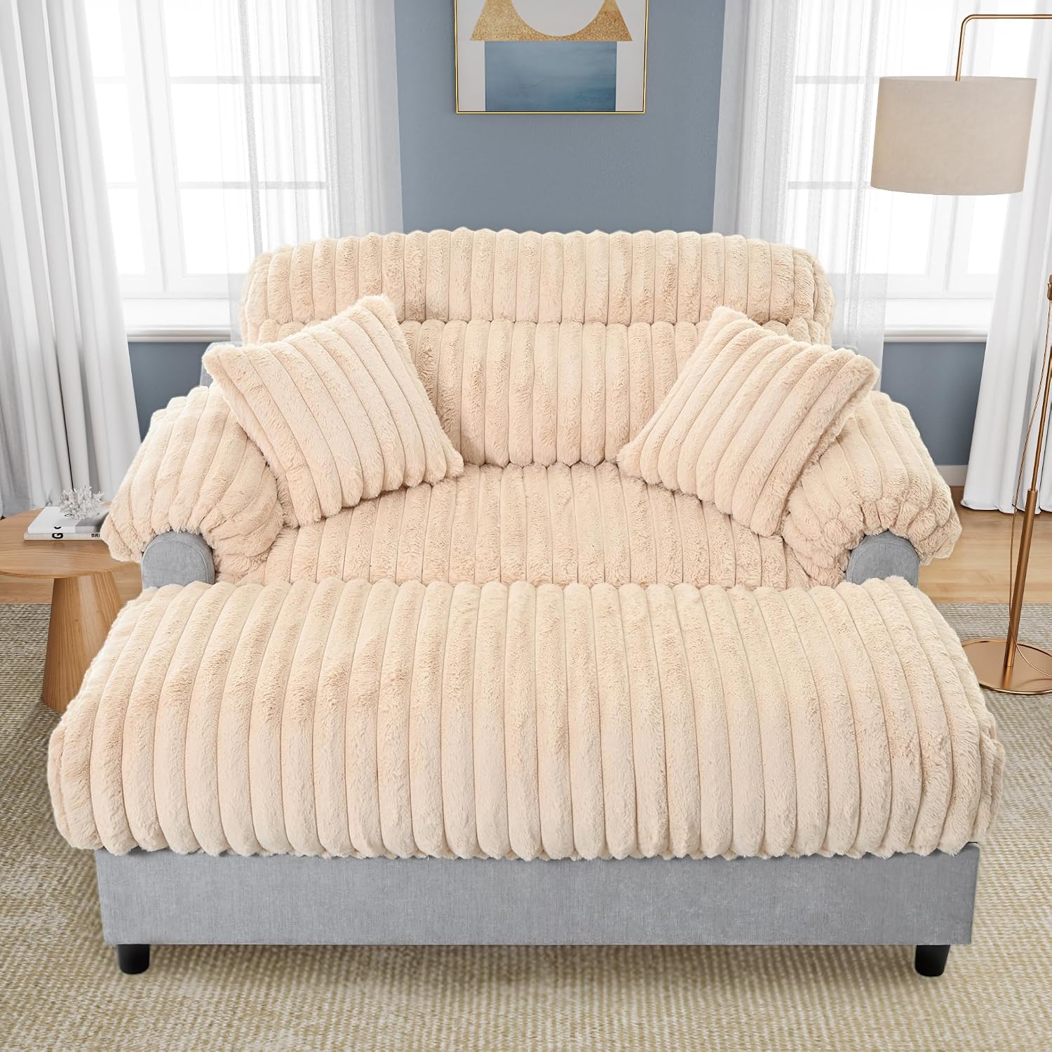 Merax 65' Oversized Chaise Lounge Chair with 2 Throw Pillows, Cloud Chaise Sofa Cozy Plush Boneless Sofa Bed for Living Room, Ergonomic Backrest & Curved Armrest (Champagne)