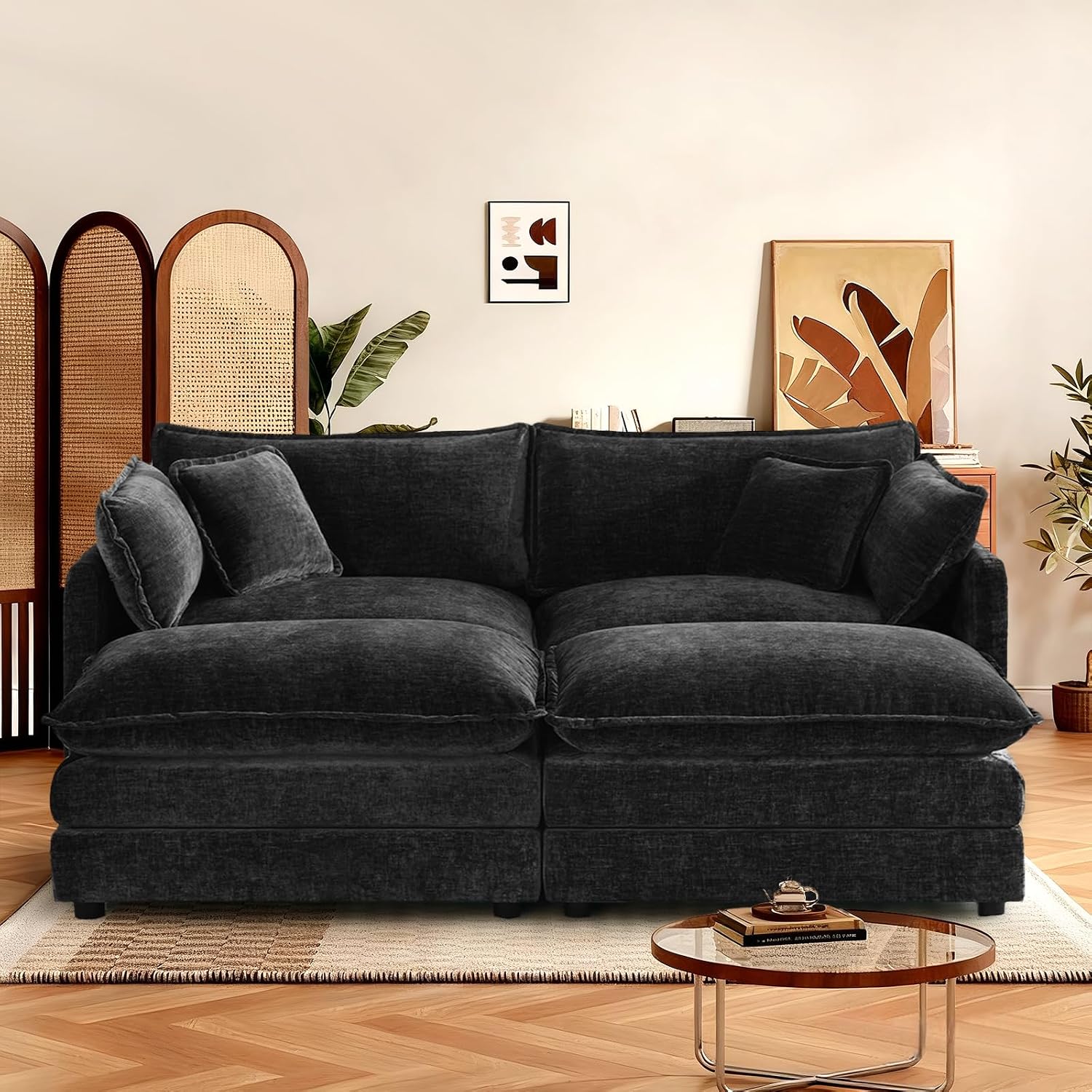 SoarFlash Chenille Sectional Sofa, Comfy Modular Coush Sofa with Ottoman, Modern 2 Seat Recliner Deep Seat Sofa Set for Living Room,Black