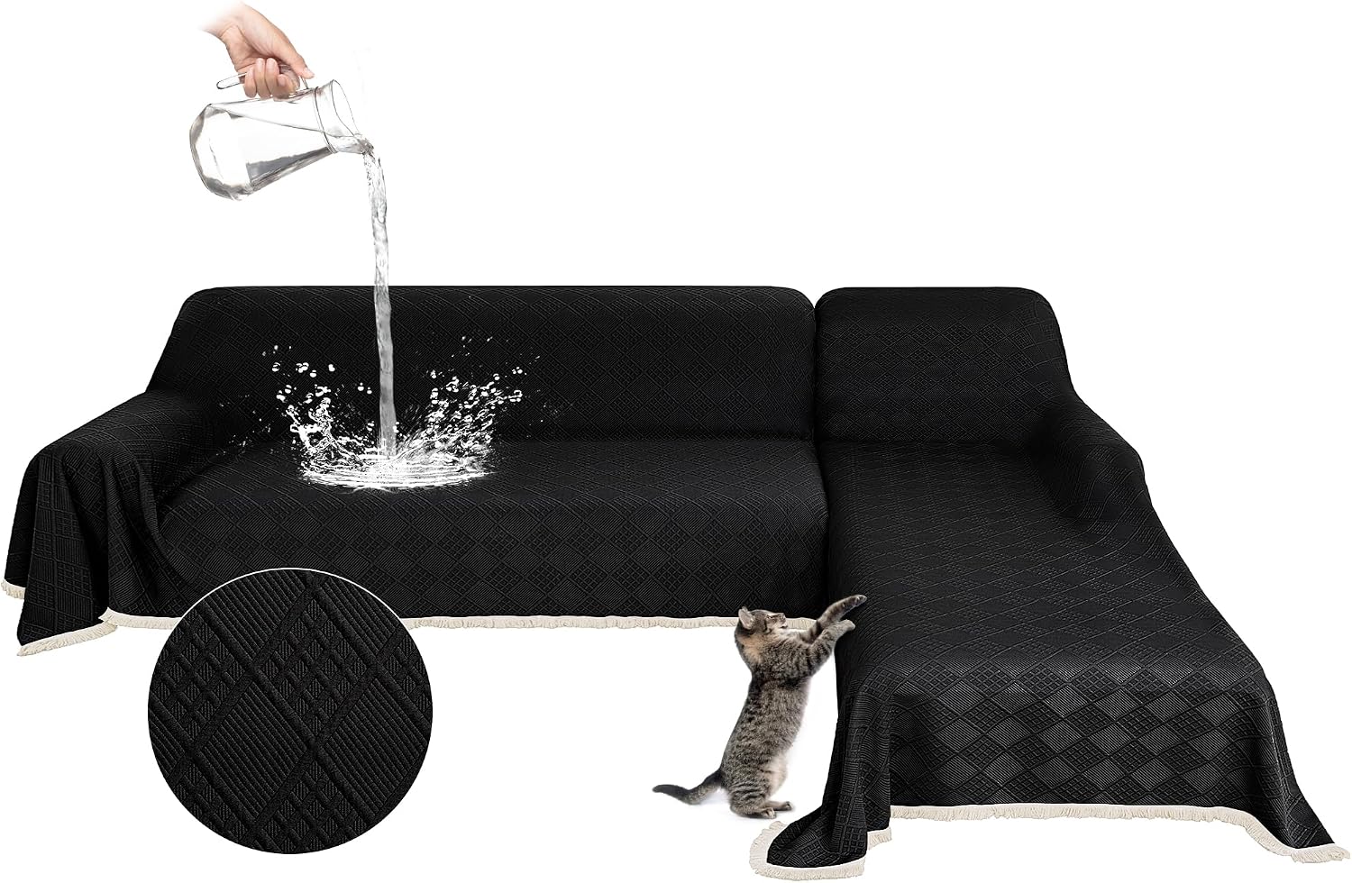 Waterproof L Shaped Sectional Couch Covers Blanket 2 Piece Sectional Sofa Cover Washable L Shape Sofa Slipcover Jacquard Quilted Furniture Protector for Dogs Pets Cats (XX-Large, Black)