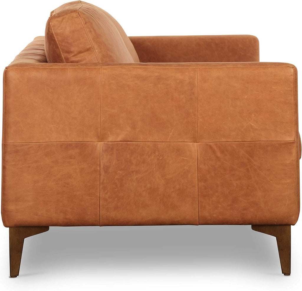Poly & BARK Calle 90' Sofa Full-Grain Pure-Aniline Italian Leather in Cognac Tan, Solid Wood Legs