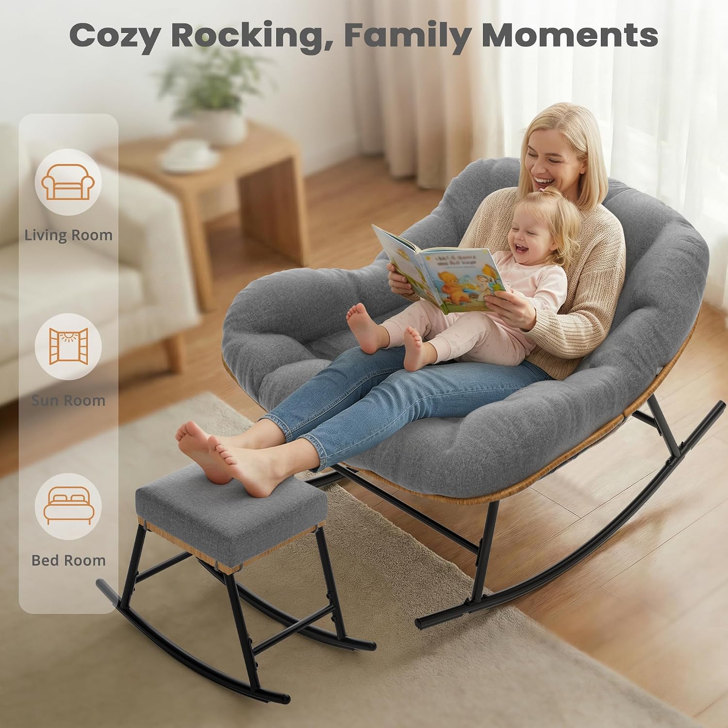 Easyego Oversized Papasan Rocking Chair with Ottoman for Indoor Outdoor Use, Comfortable Wicker Rocker with Cozy Thicken Cushion for Deck, Balcony, Poolside, Lawn, Bedroom, Living Room, Deep Gray