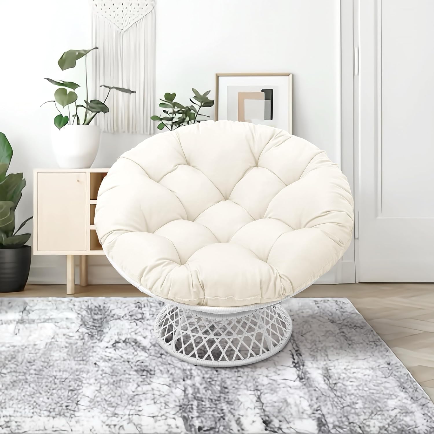 GLORY PATIO 360° Swivel Papasan Chair - 350lbs Capacity Indoor/Outdoor Wicker Lounge Chair with Thick Cushion, Modern Accent Chair for Living Room, Bedroom, Patio (White Frame & Beige Cushion)