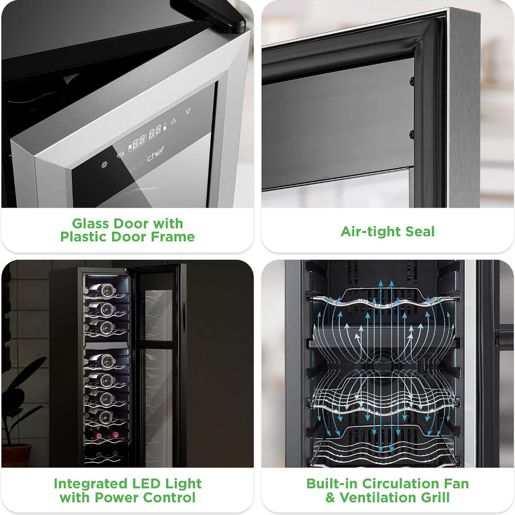 NutriChef 27 Bottle Wine Fridge | Dual Zone Adjustable Temperature Control 41°F to 64°F | Ultra Quiet Operation | Wine Cooler for Home, & Office | FreeStanding 43x11x23 in (Black)