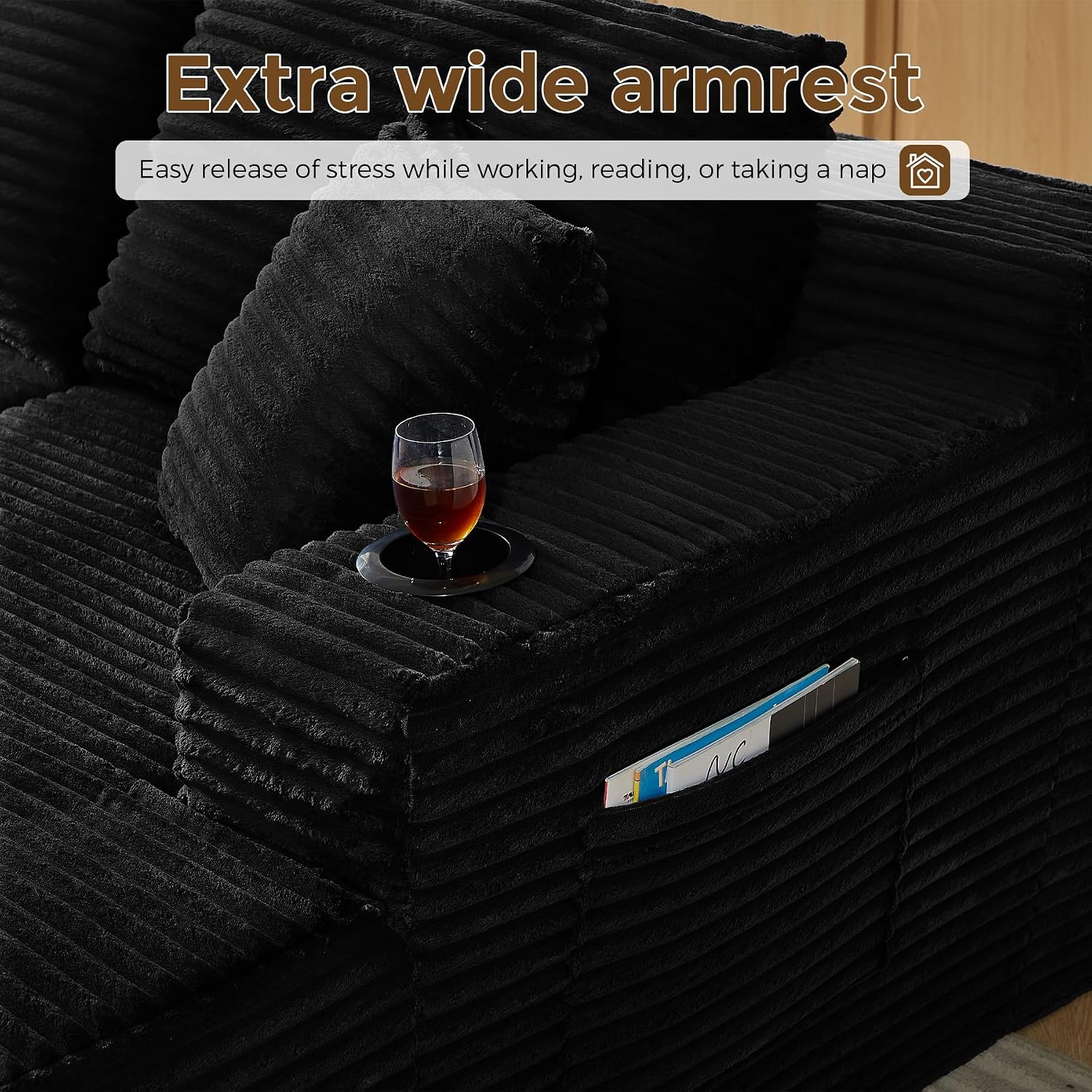 133' Oversized Cloud Boneless Sofa Couch with Chaise, Modern Corduroy U Shaped Modular Sectional Sofa with Deep Seat, Comfy Couch with Cupholders and Storage, No Assembly Required-Black