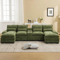 125'' U Shaped Cloud Modular Sofa with Chaise Lounges, Chenille Upholstered Comfy Sectional Couch with Storage Console, USB Charging Ports & Cup Holders, Small Deep Seat Sofa for Living Room, Green