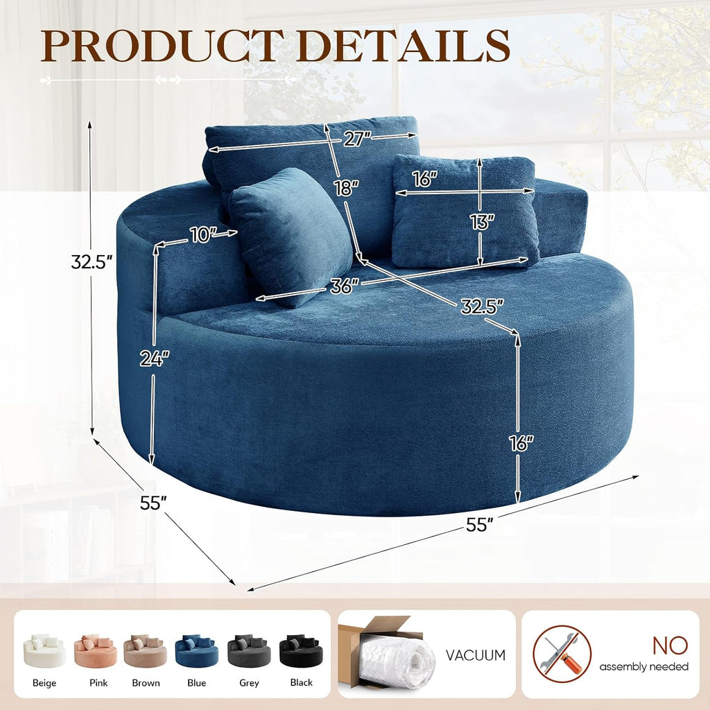 Antetek Oversized Round Chaise Longue Chair Indoor, Modern 55-inch Upholstered Terry Fabric Deep Seat Circle Single Cloud Lounge Floor Accent Chair for Living Room, Bedroom Apartment, Blue
