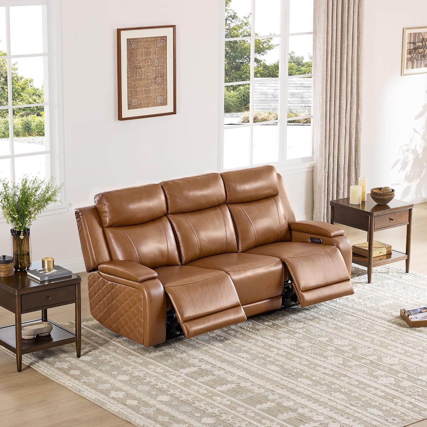 Watson & Whitely Genuine Leather Power Recliner Sofa, 3 Seater Zero Gravity Reclining Couch with Power Headrest & Flip Middle Backrest Table, Hidden Storage, Cup Holders for Living Room, Saddle Brown