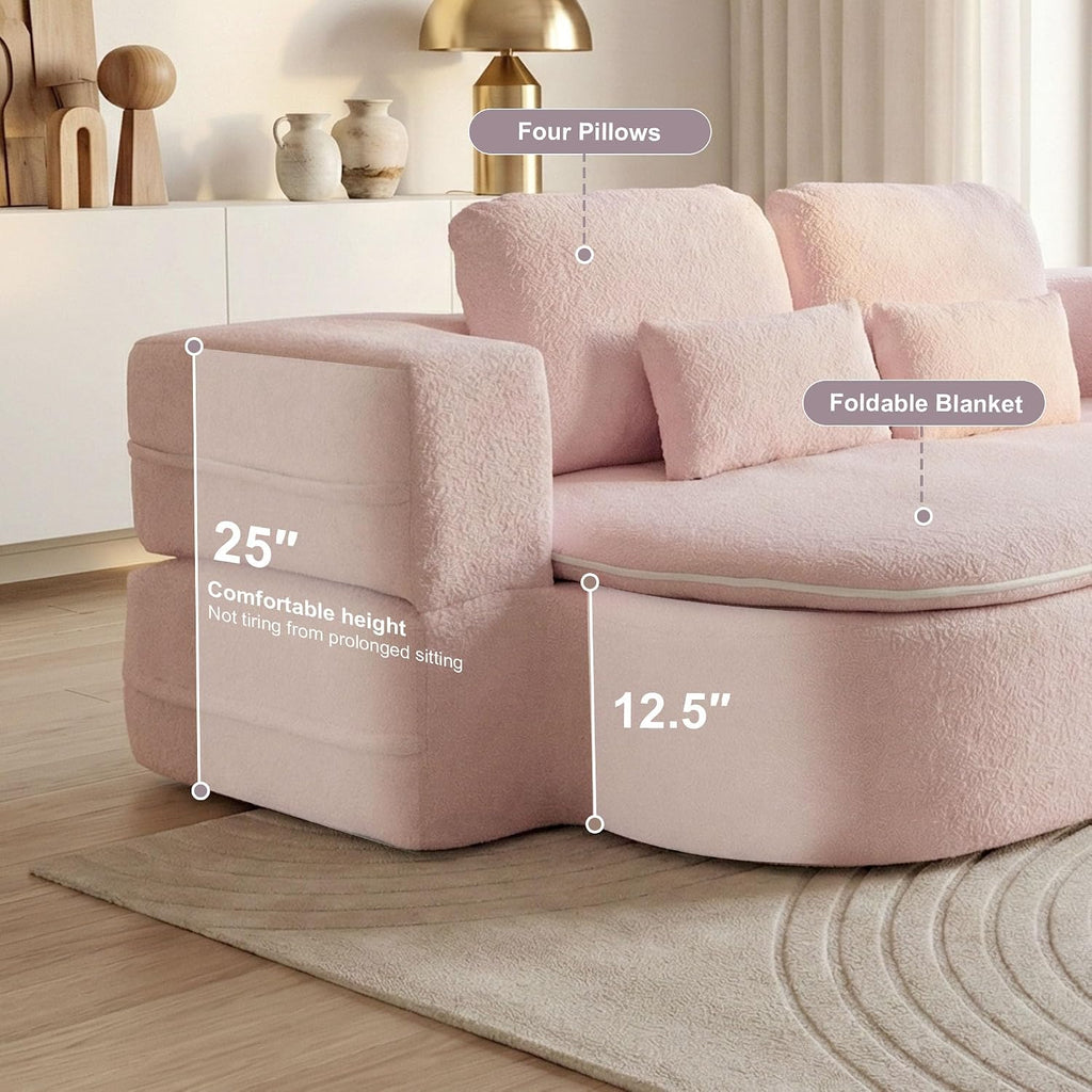 75'' Folding Sleeper Sofa Bed, Convertible Memory Foam Boneless Couch, Foldable Full Size Guest Bed, Modern 2-in-1 Futon Floor Sleeper Sofa with 4 Pillows and Blanket (Teddy, Pink2)