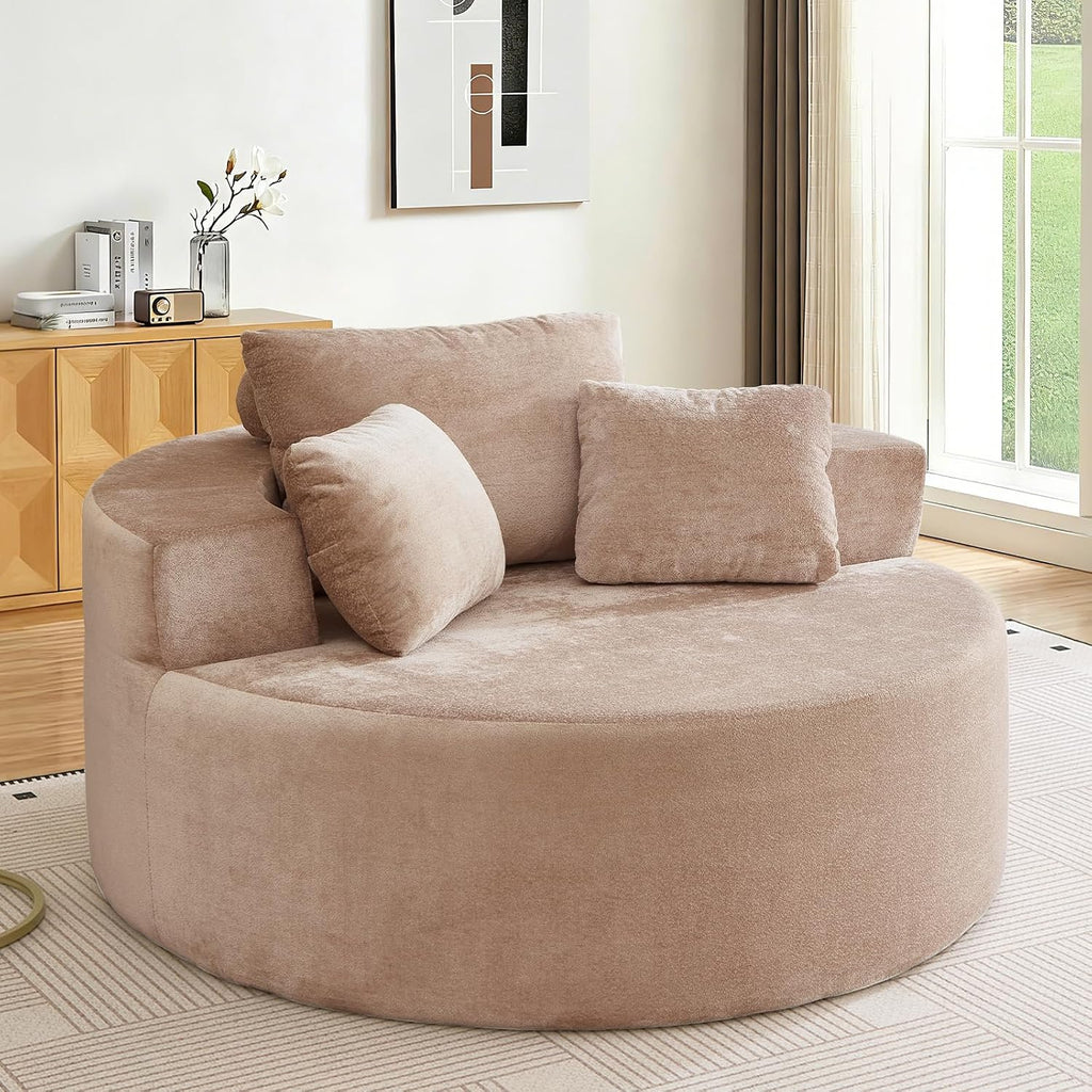 Antetek Oversized Round Chaise Longue Chair Indoor, Modern 55-inch Upholstered Terry Fabric Deep Seat Circle Single Cloud Floor Accent Chair for Living Room,Bedroom,Apartment, Camel