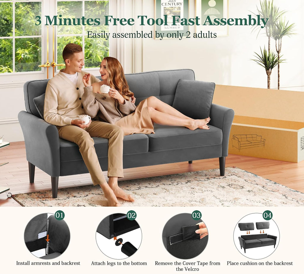 Loveseat Sofa, 69' Love Seat Couches, Comfy Velvet Small Couches for Small Spaces with 2 Pillows, Tool-Free Setup Sofas & Couches, 700lb Load Sofas for Living Room, Mini Couch for Bedroom, Charcoal
