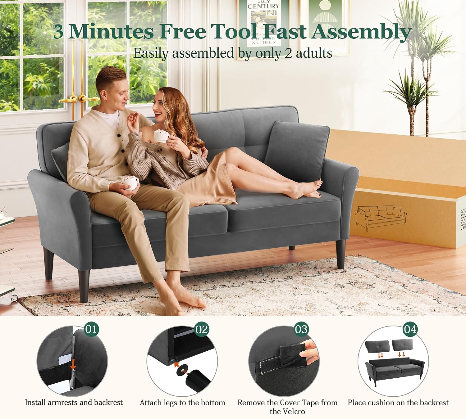 Loveseat Sofa, 69' Love Seat Couches, Comfy Velvet Small Couches for Small Spaces with 2 Pillows, Tool-Free Setup Sofas & Couches, 700lb Load Sofas for Living Room, Mini Couch for Bedroom, Charcoal