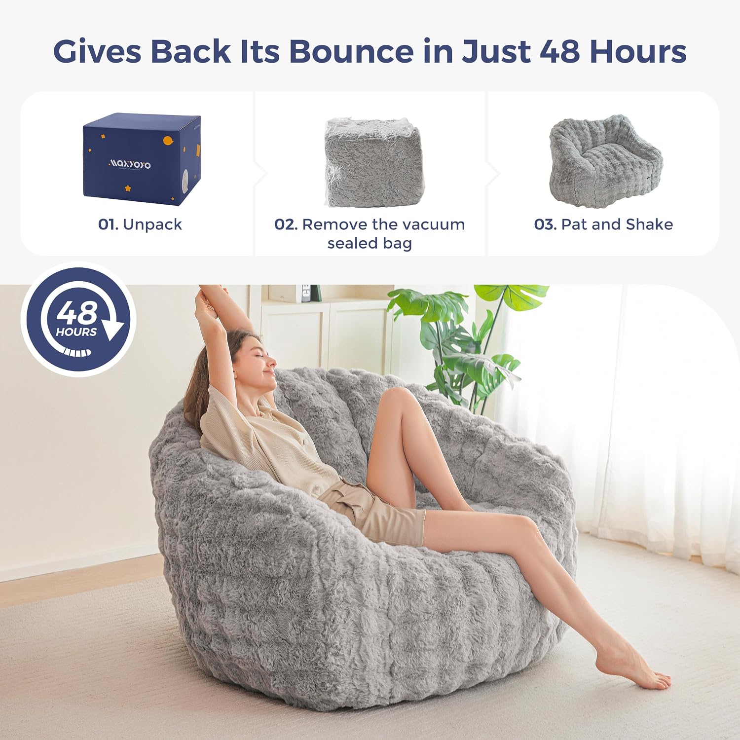 MAXYOYO Giant Bean Bag Chair for Adults, Stuffed Shell-Shaped Large Bean Bag Couch, Cozy Living Room Chair with Filler, Floor Sofa Lazy Sofa for Bedroom Living Room, Grey