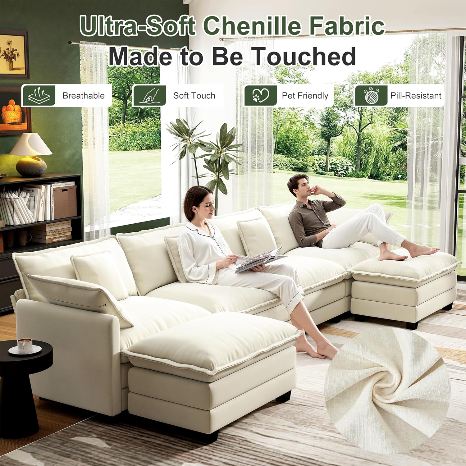 146' Cloud Couch Sectional, U Shaped Modular Sectional Sofa, 4-Seat Deep Seat Couch with 6 Removable Washable Pillows and 2 Ottoman for Living Room, Bedroom, Apartment, Beige