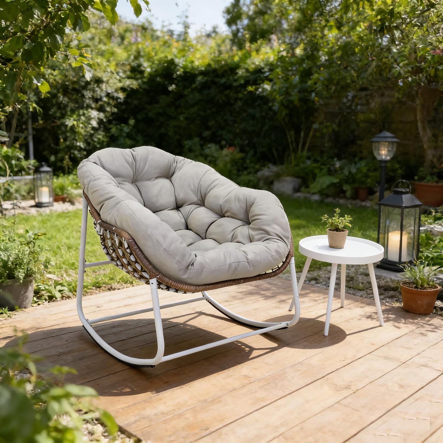 Modern Rocking Chair with Side Table Set, 2-Piece Patio with Soft Cushion & Side Table, 330 LBS Capacity, All-Weather Balcony Furniture