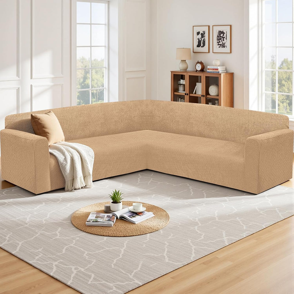 HDCAXKJ Sectional Couch Cover L Shape Stretch Sofa Covers Washable Jacquard Corner Couch Slipcover Non Slip Sectional Slip Cover U Shaped Furniture Protector for Pets Dogs (Apricot, X-Large)