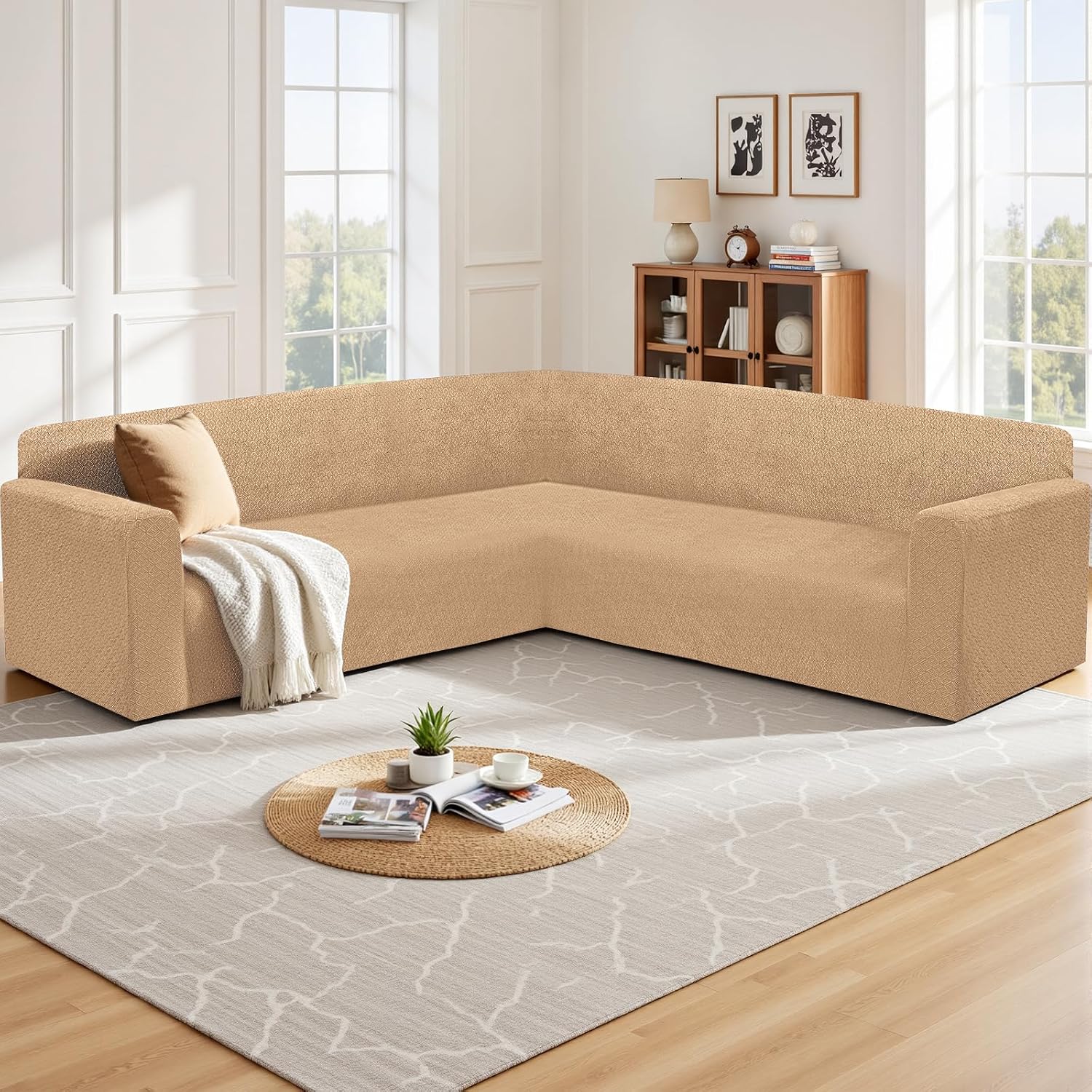 HDCAXKJ Sectional Couch Cover L Shape Stretch Sofa Covers Washable Jacquard Corner Couch Slipcover Non Slip Sectional Slip Cover U Shaped Furniture Protector for Pets Dogs (Apricot, X-Large)