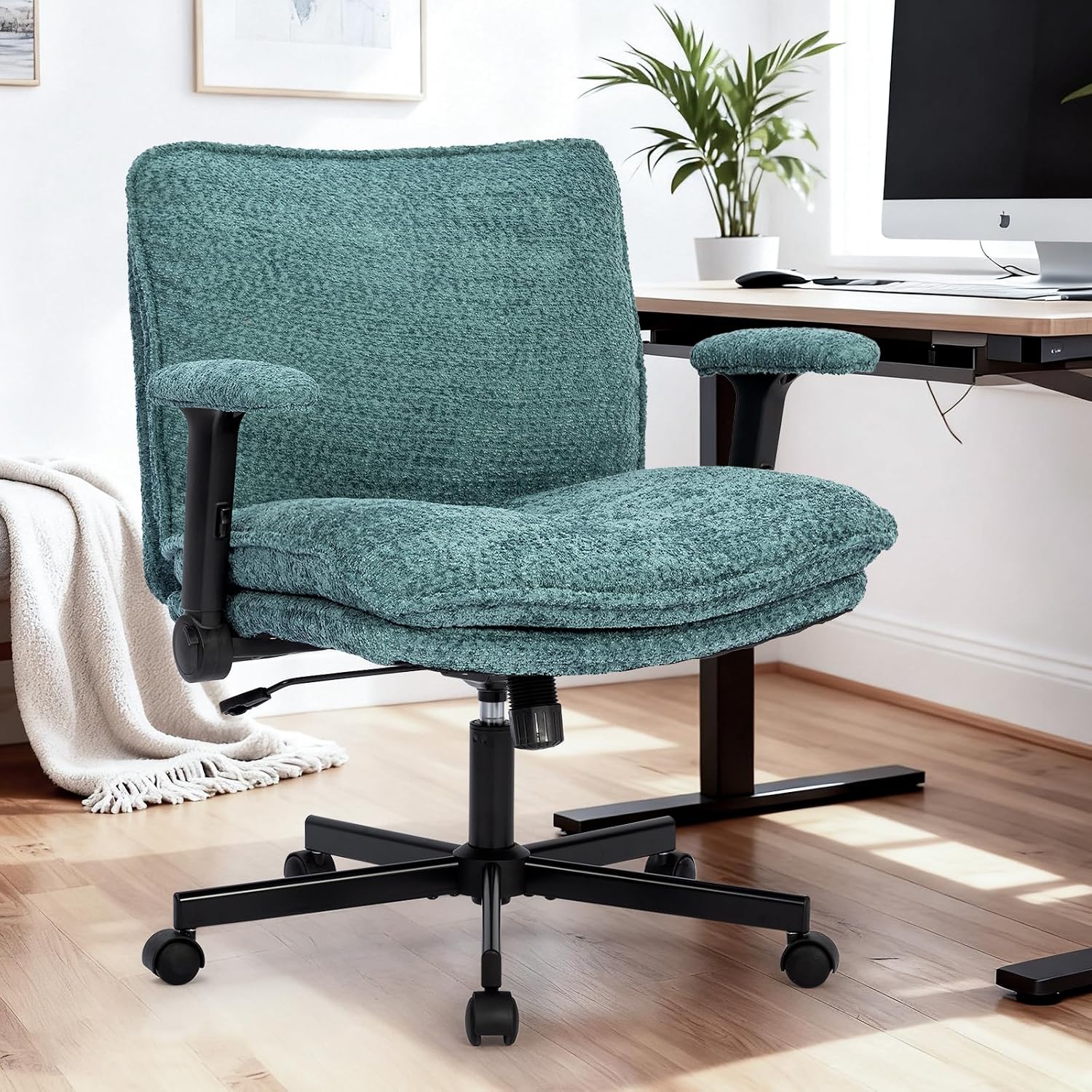 Kassipo Criss Cross Legged Office Chair with Wheels and Flip-Up Arms, Upholstered Criss Cross Desk Chair, Wide Seat Chairs for Home Office, Vanity, Apartment, Green