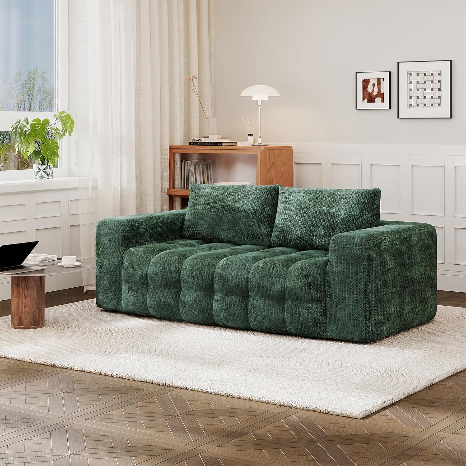 EROMMY 76'' Boneless Couch, 3 Seater Cloud for Living Room, Oversize Loveseat Sofa with Wide Armrest and 2 Back Support, No Assembly Required Chenille Soft Sofa, Dark Green