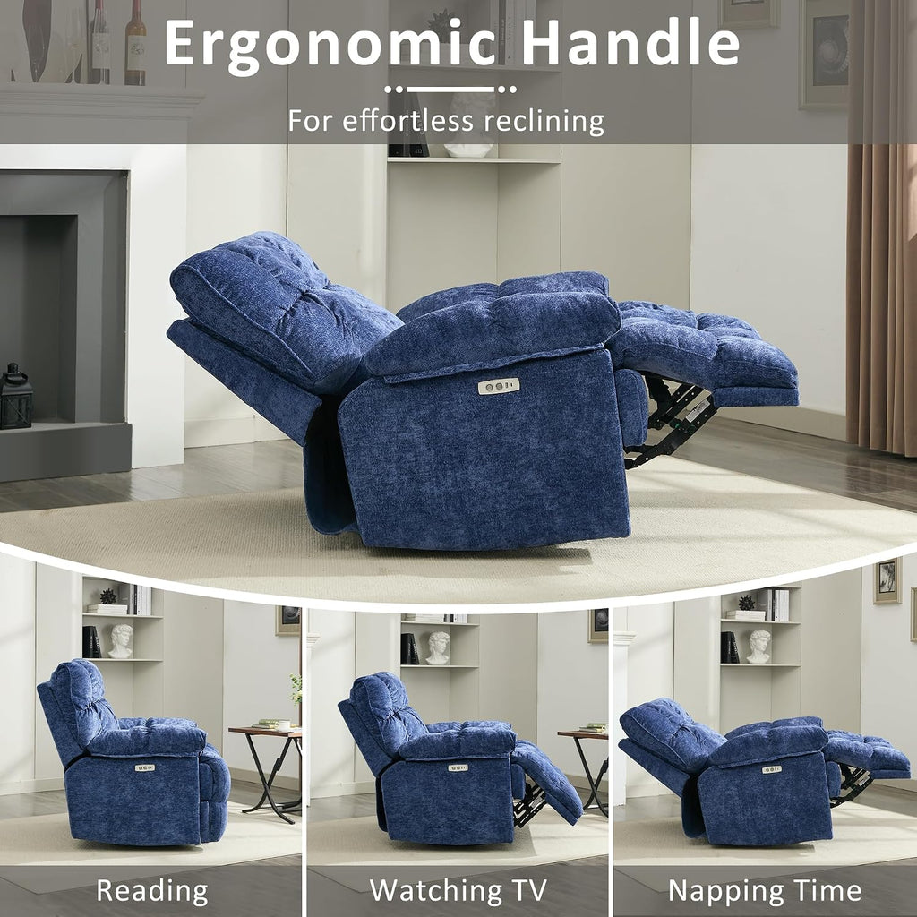 Oversized Recliner Chair, Overstuffed Swivel Rocker with Extra Wide Seat & Breathable Fabric for Living Room (Power, Blue)