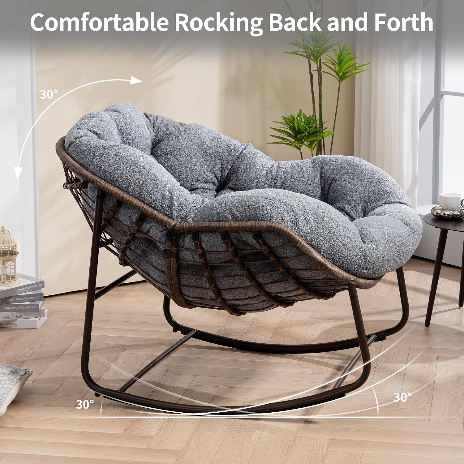 Oversized Papasan Rocking Chair - Outdoor Luxury Oversized Comfy Patio Chair Indoor Egg Royal Rattan Rocking Chair with Cushion for Front Porch Lounge Lawn Bedroom Living Room (Grey Teddy)