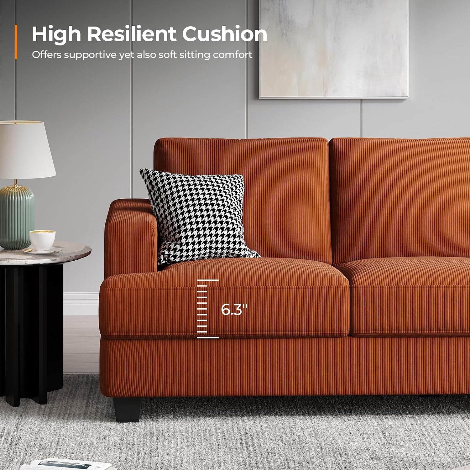 COPIAE 89 Inch Sofa with Extra Deep Seats Oversize, 3 Seater Sofa for Living Room, Modern Couch and Sofa, Comfy Armrests and Seats and Backrests, Easy Installation, Corduroy Fabric Rust