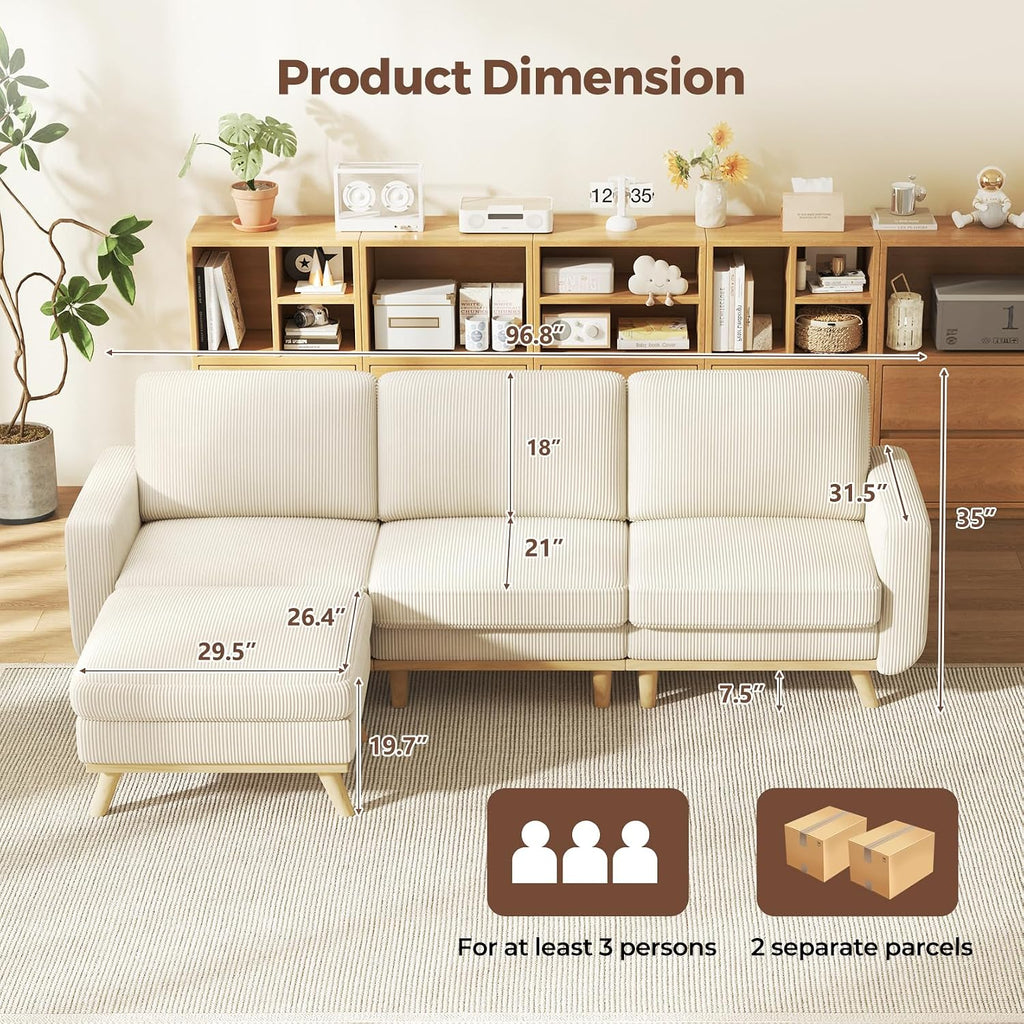 Vesgantti 97' Modular Sectional Sofa Beige, L-Shaped Couch with Movable Ottoman, Comfy Corduroy Couch with Spring Cushion, Modular Sofa with Deep Seat for Living Room, Bedroom and Apartment