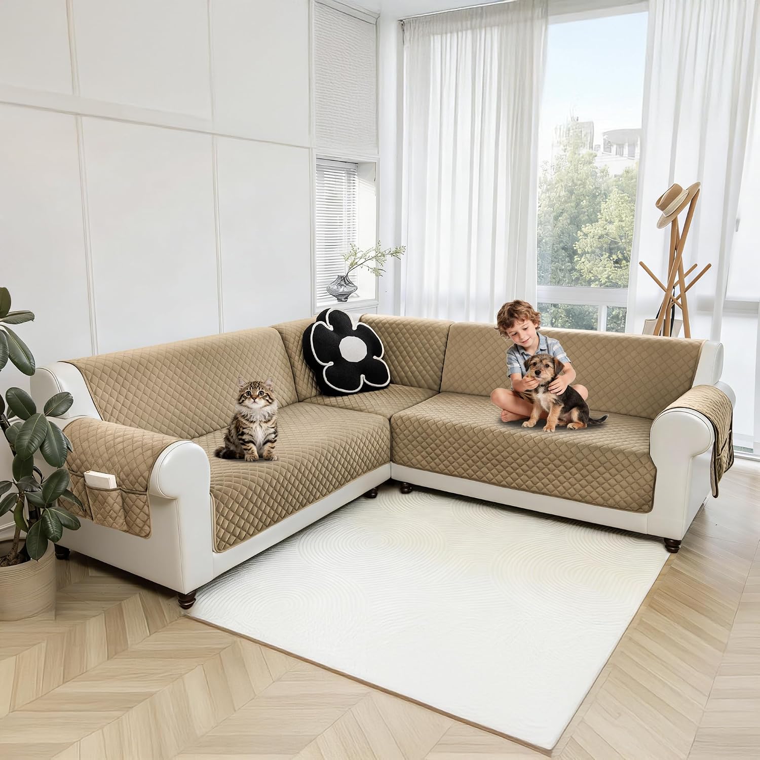 Sectional Couch Covers for Dogs 100% Waterproof Corner L Shaped Sofa Cover Pet Friendly Velvet Washable Anti Slip L Shape Modular Sofa Slipcover Protector with Pockets (Camel, Small)