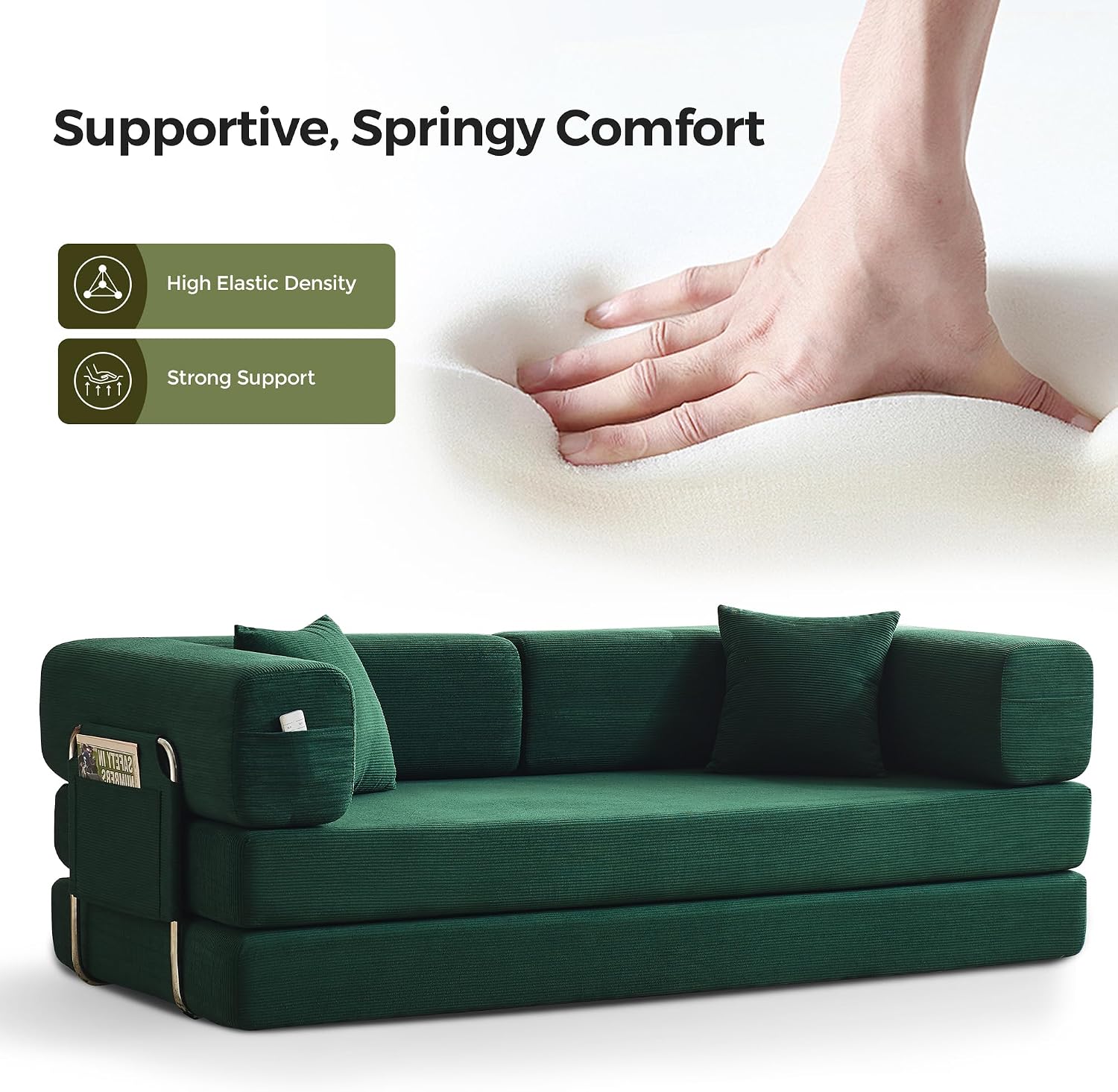 Carzzi-Life 79' Convertible Sofa Bed with Pillows, Corduroy Folding Sleeper Sofa with Fixed-Shape Frame, Boneless Couch for Living Room Bedroom, Floor Sofa Lounge No Assembly Required (Green)
