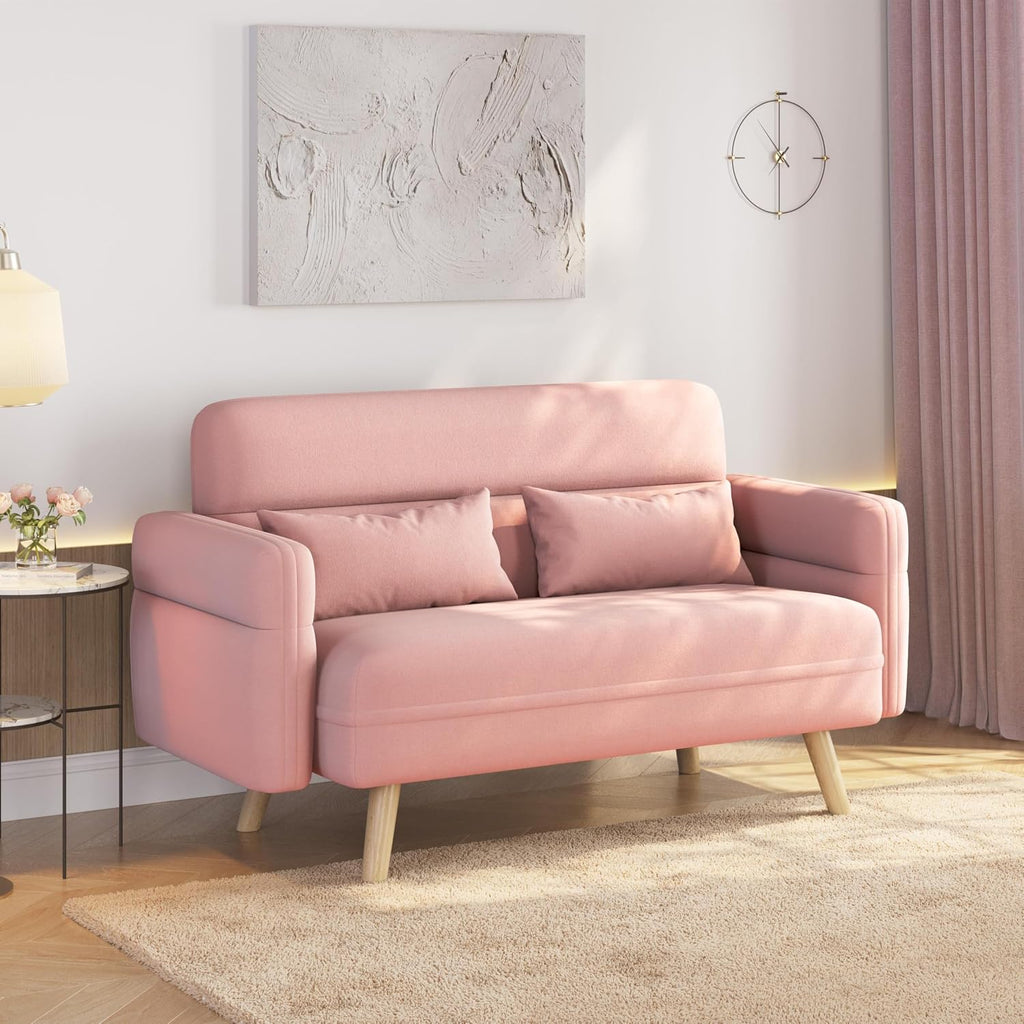 Yaheetech 46' Small Modern Fabric Sofa Loveseat Mid Century 2 Seater Sofa Couch with Lumbar Pillows, Solid Wood Legs for Living Room, Small Space, Dorm, Office, Bedroom, Pink