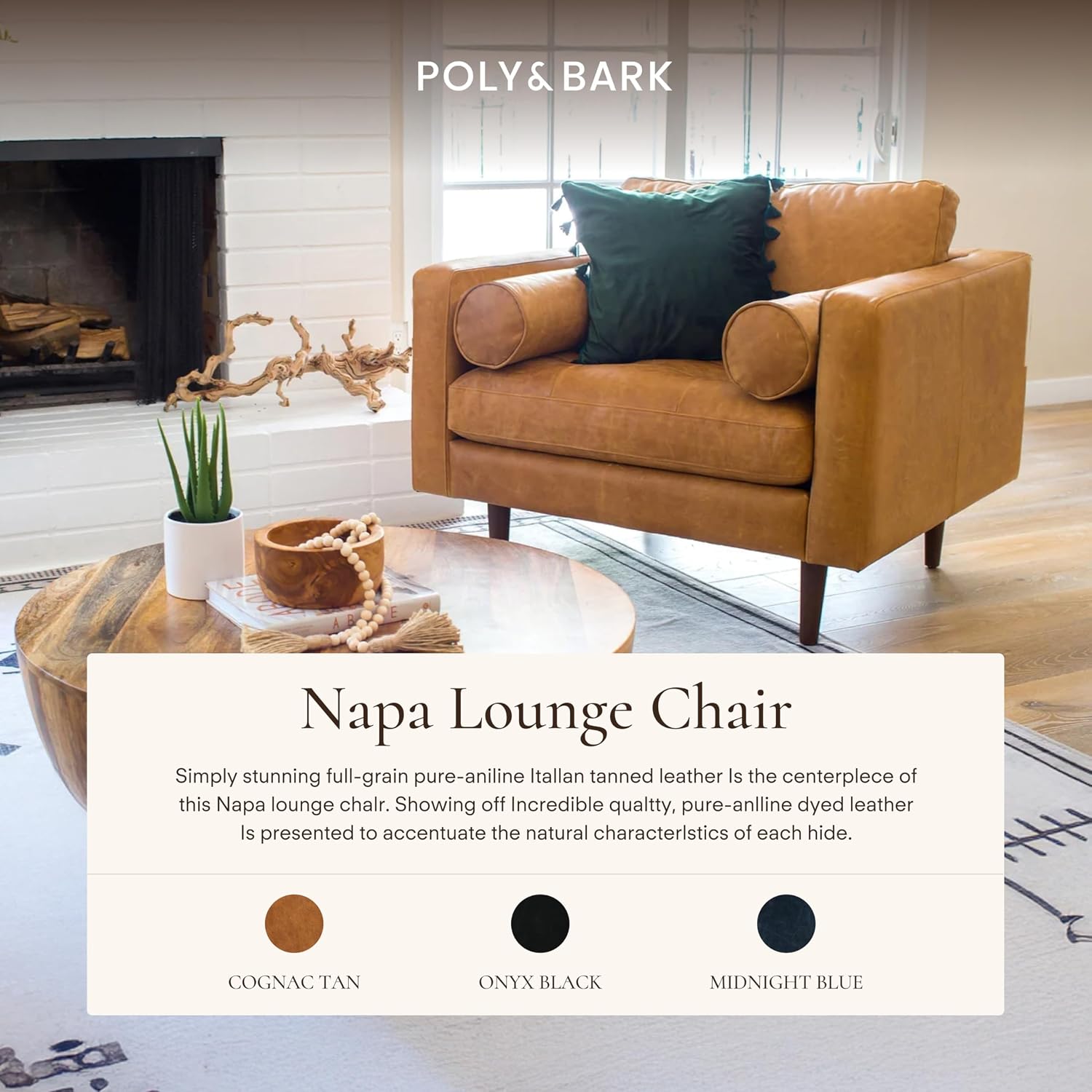 Poly & BARK Napa Leather Accent Chairs 42' – Set of 2 - Mid Century Modern Armchair with Bolster Pillows, Living Room or Bedroom Chair in Cognac Tan