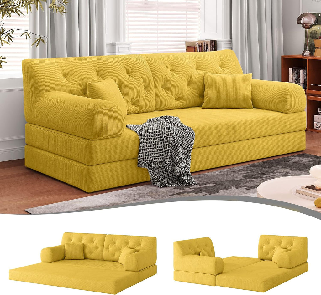 79' Convertible Sofa Bed with Pillows, Corduroy Folding Sleeper Sofa with Fixed-Shape Frame, Boneless Couch for Living Room Bedroom, Floor Sofa Lounge No Assembly Required (C - Style - Yellow)