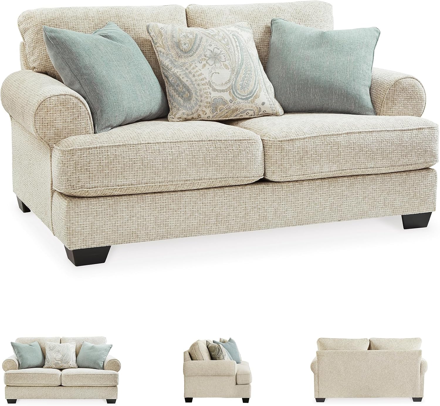 Signature Design by Ashley Monaghan Vintage Loveseat with Accent Pillows, Reversible Cushions and Rolled Arms, Beige