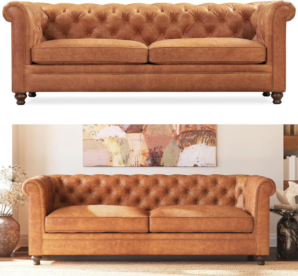 POLY & BARK Lyon 87.4' Leather Sofa in Cognac Tan – Full-Grain Pure-Aniline Italian Leather, Deep Button Tufting, Rolled Arms and Espresso Wood Legs – Chesterfield Style for Elegant Living Rooms