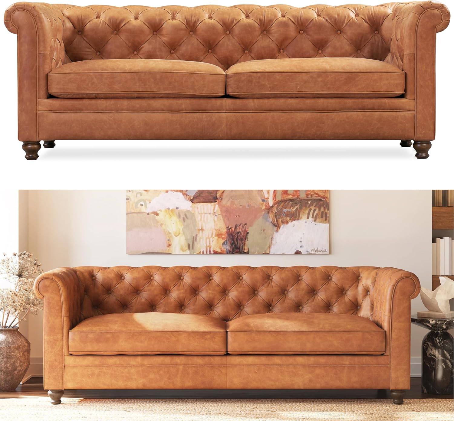 POLY & BARK Lyon 87.4' Leather Sofa in Cognac Tan – Full-Grain Pure-Aniline Italian Leather, Deep Button Tufting, Rolled Arms and Espresso Wood Legs – Chesterfield Style for Elegant Living Rooms