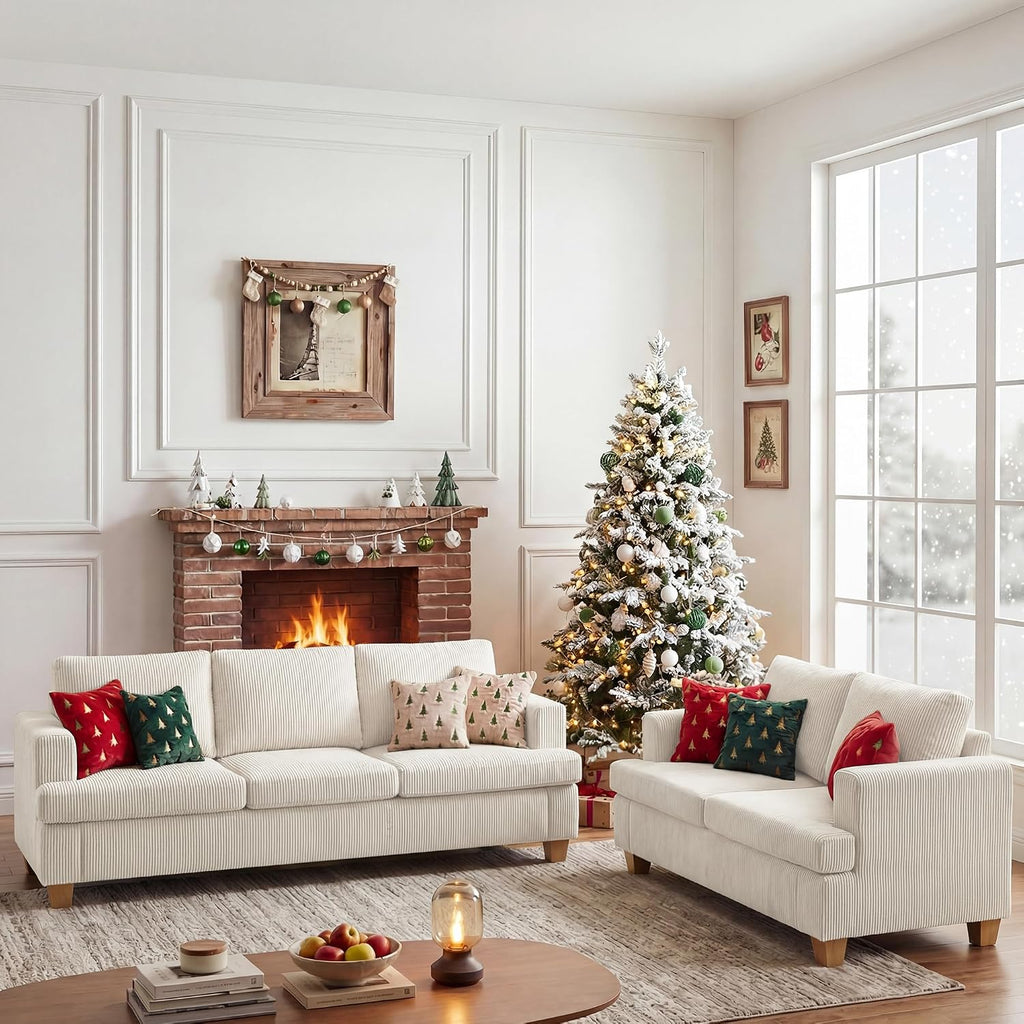 Apicizon Loveseat & 3 Seater Sofa Sets, 89' Couch Sofa Set for Living Room Furniture Sets, 2 Piece Deep Seat Sleeper Sofa, Couch and Loveseat Sets for Apartment, White Corduroy