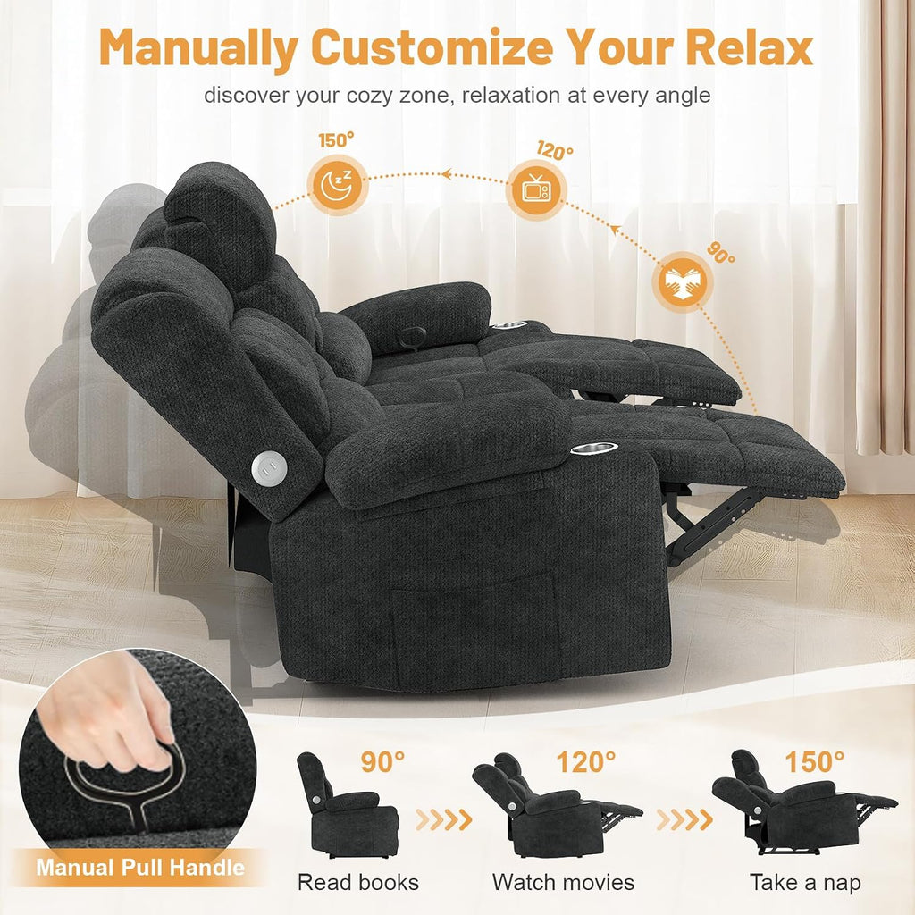 Dresegmt Loveseat Recliner Sofa, Flip Middle Backrest Design 3 Seat Reclining Sofa with Storage Drawer, USB Ports & Cup Holders, Manual Couch for Living Room/RV (New Gray)