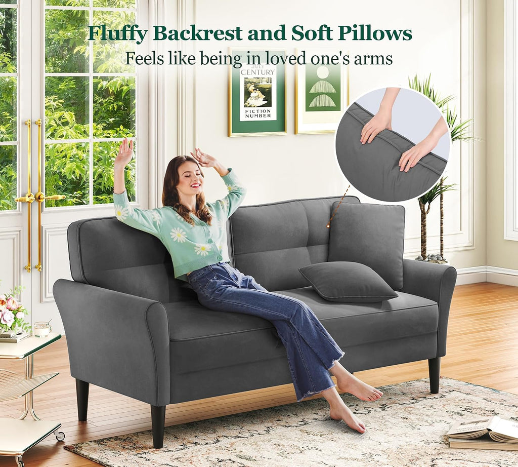 Loveseat Sofa, 69' Love Seat Couches, Comfy Velvet Small Couches for Small Spaces with 2 Pillows, Tool-Free Setup Sofas & Couches, 700lb Load Sofas for Living Room, Mini Couch for Bedroom, Charcoal