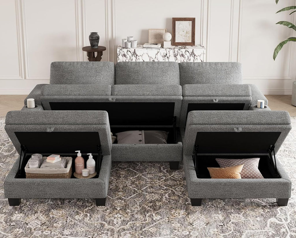 Belffin Small Corner Modular Sectional Couches for Living Room U Shaped Couch with Cup Holder Light Grey Couch