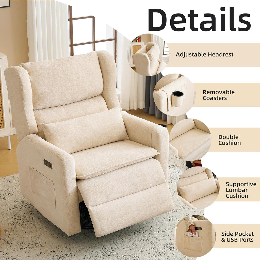 Oversized Swivel Rocker Recliner Chair, 26' Extra Wide Glider Nursery Chair with Adjustable Headrest, Chenille Power Recliner Rocking with Double Cushion, Cup Holder, Beige
