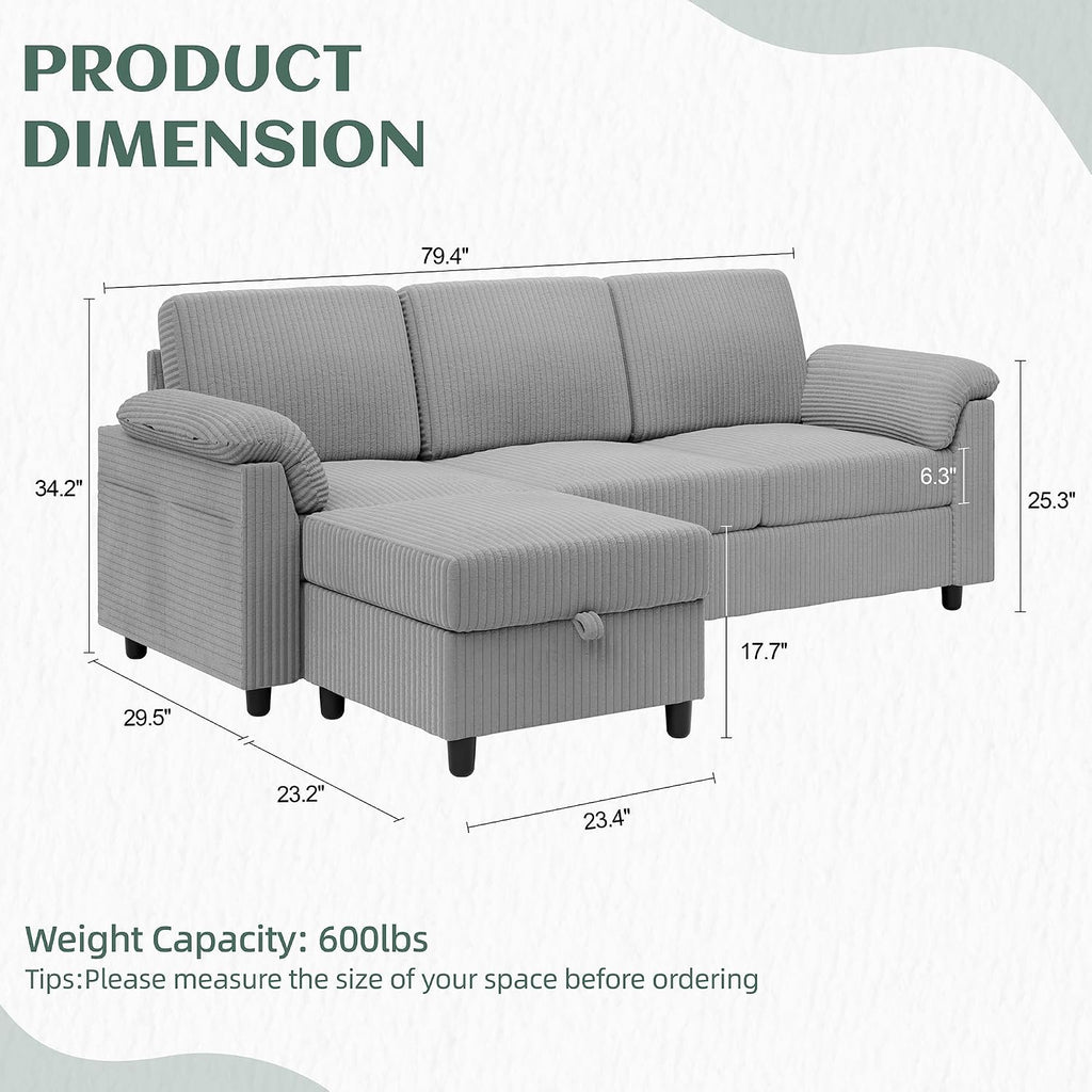 Vongrasig 79' Convertible Sectional Couch Sofa with Storage Ottoman, 3 Seat L Shaped Couch with Side Storage Pockage, Small Couches for Living Room, Apartment and Small Space (Light Grey)