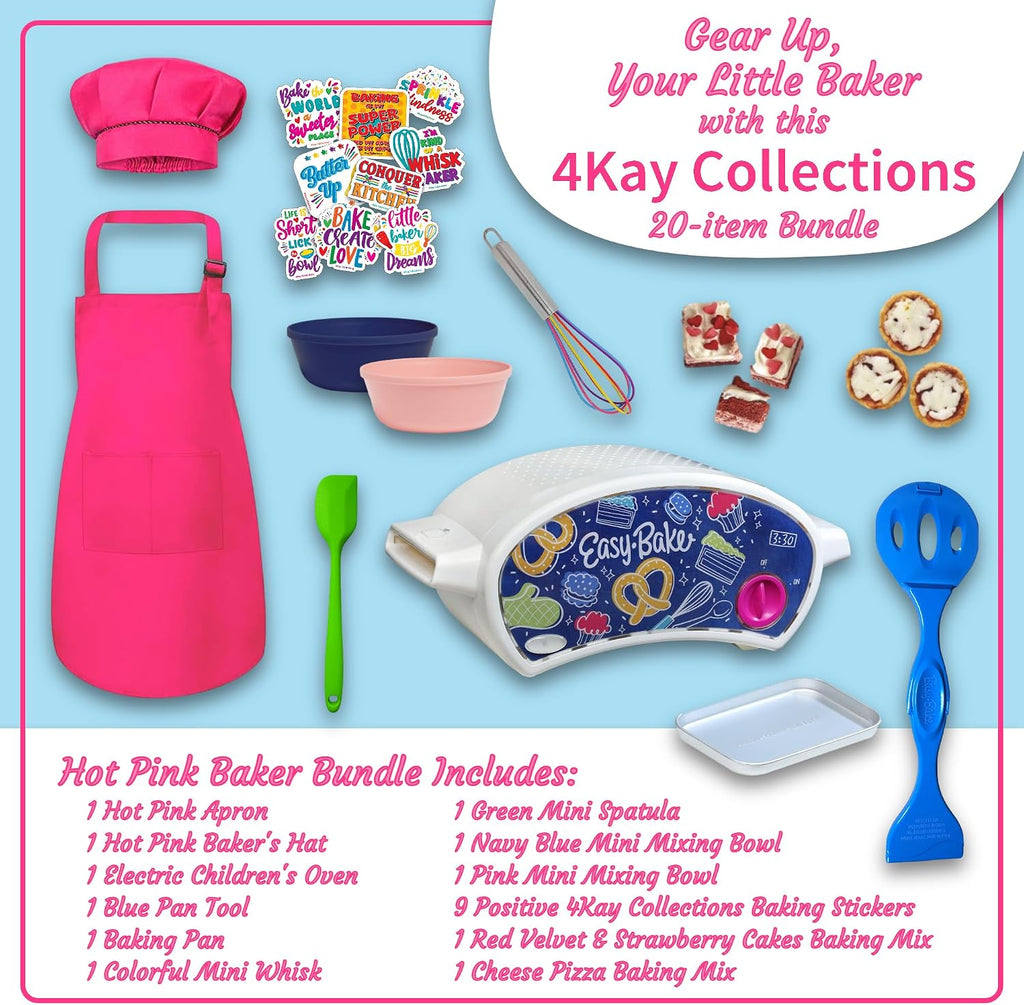 Ultimate Easy Baking Oven Bundle For Kids With 20 Items - Oven, 2 Refill Mixes, Apron, Hat, 2 Bowls, Spatula, Whisk, 9 Stickers, Baking Pan & Tool (Happy Hot Pink Baker Bundle)
