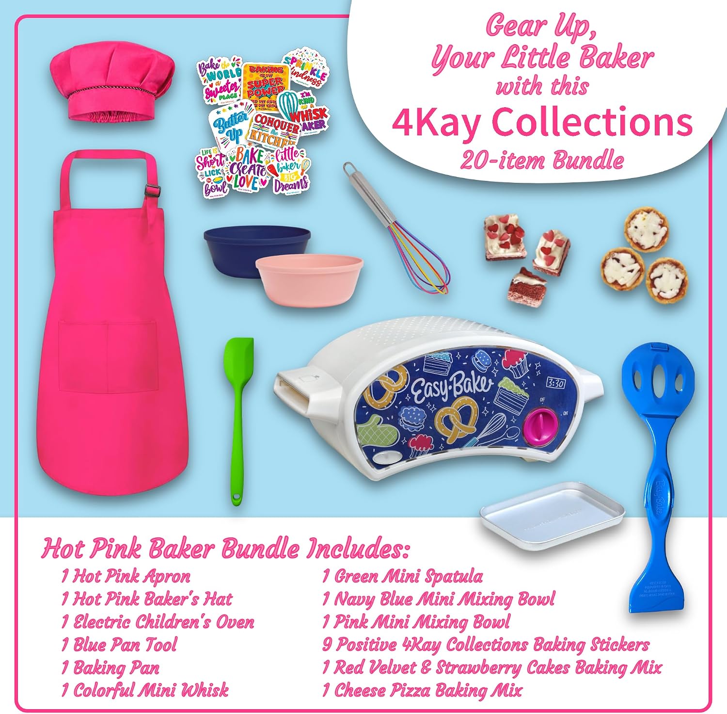 Ultimate Easy Baking Oven Bundle For Kids With 20 Items - Oven, 2 Refill Mixes, Apron, Hat, 2 Bowls, Spatula, Whisk, 9 Stickers, Baking Pan & Tool (Happy Hot Pink Baker Bundle)
