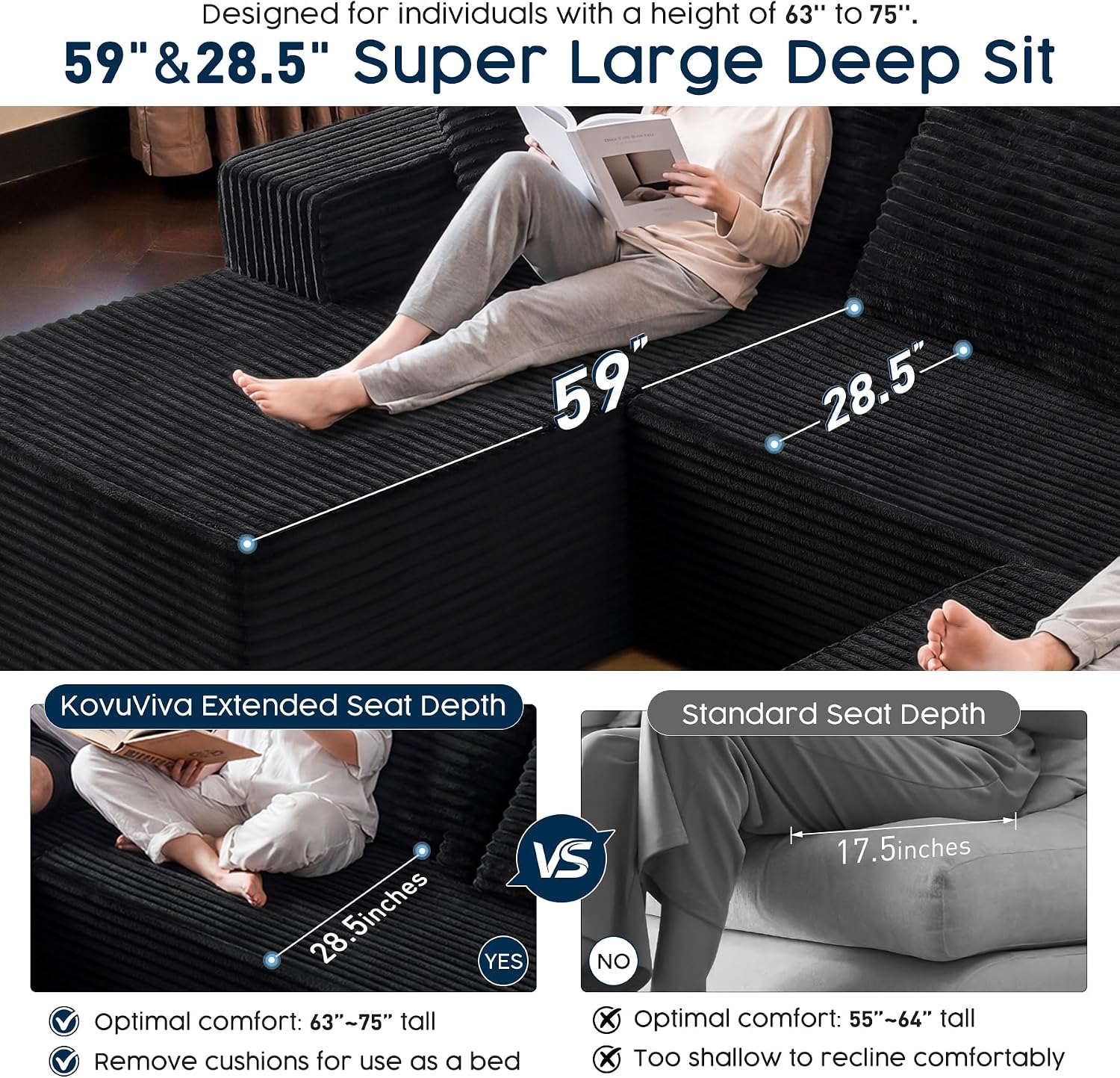 Black Sectional Couch with Ottoman, 108' Cloud Modular Couch for Living Room, Modern U-Shaped Sofa, No Assembly Required - Plush Corduroy Fabric & Deep Seat Comfort (Right Facing Chaise)