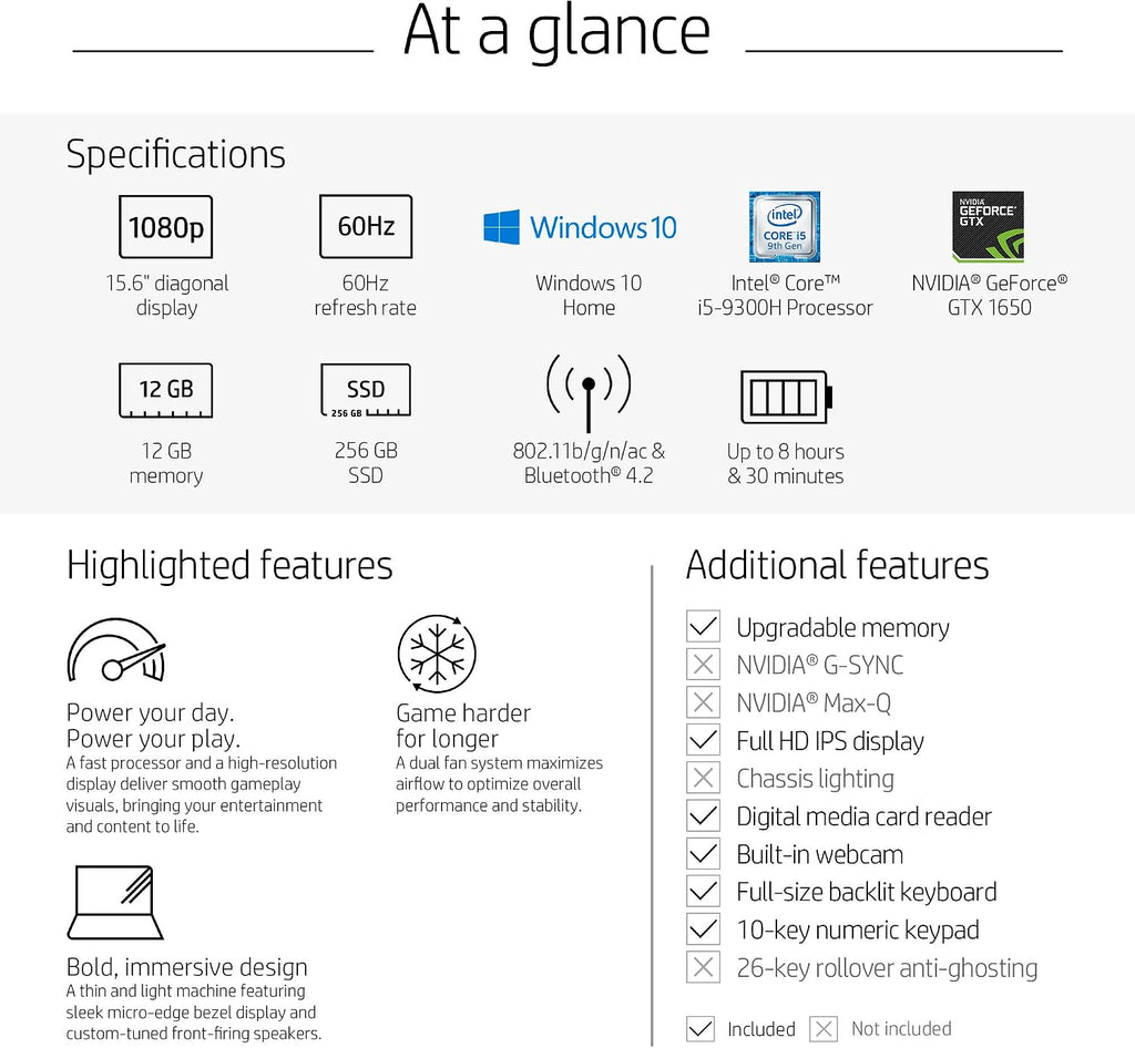HP Pavilion Gaming 15.6-Inch Laptop, Intel Core i5-9300H, NVIDIA GeForce GTX 1650, 12GB RAM, 256GB SSD, Windows 10 (15-dk0041nr, Black)