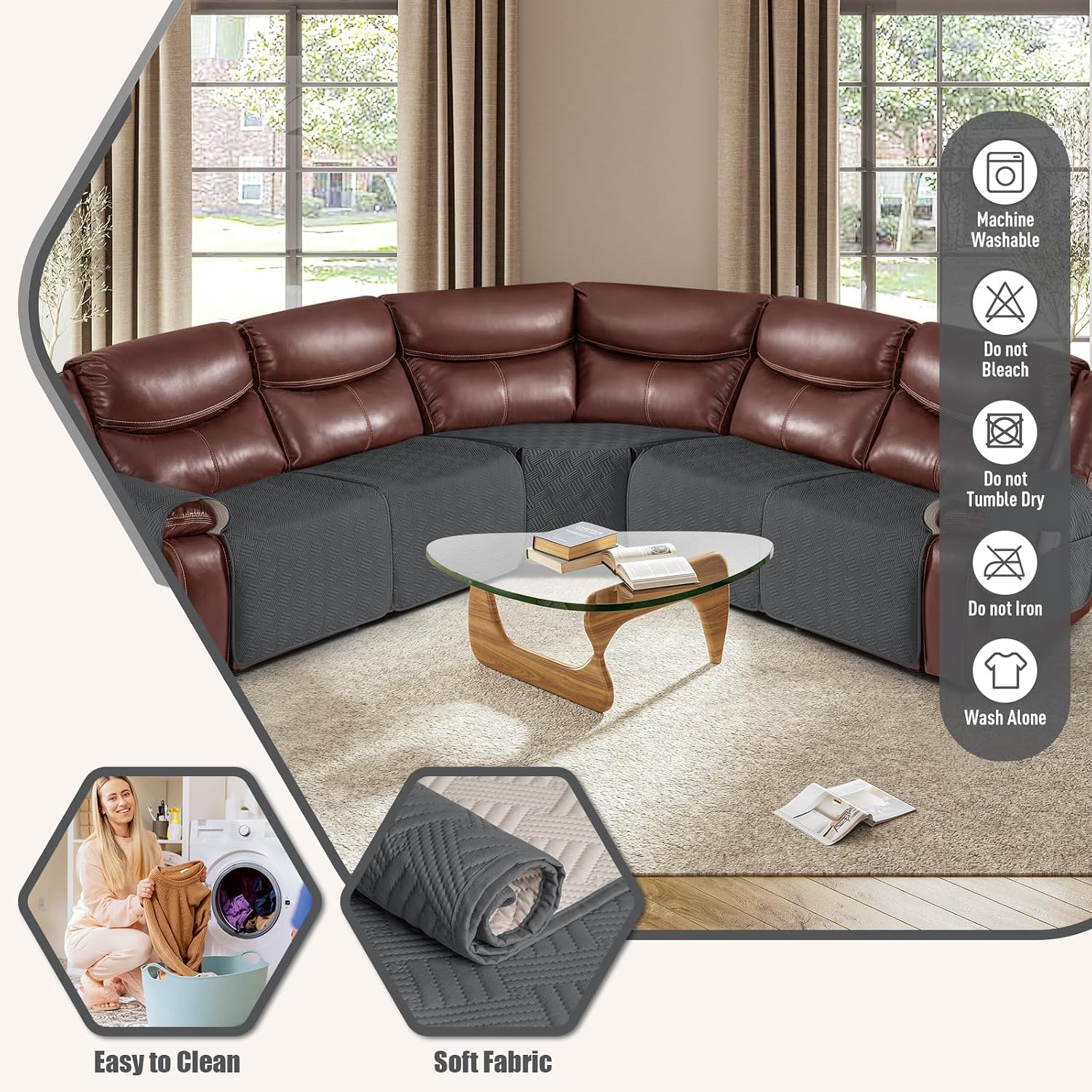 KinCam Waterproof Recliner Sectional Couch Covers, Oversized Reclining Sofa Covers for L Shape Couch, Non Slip Couch Cover for Sofa Washable Slipcover (5 Seat Recliner Cover, Charcoal Gray)