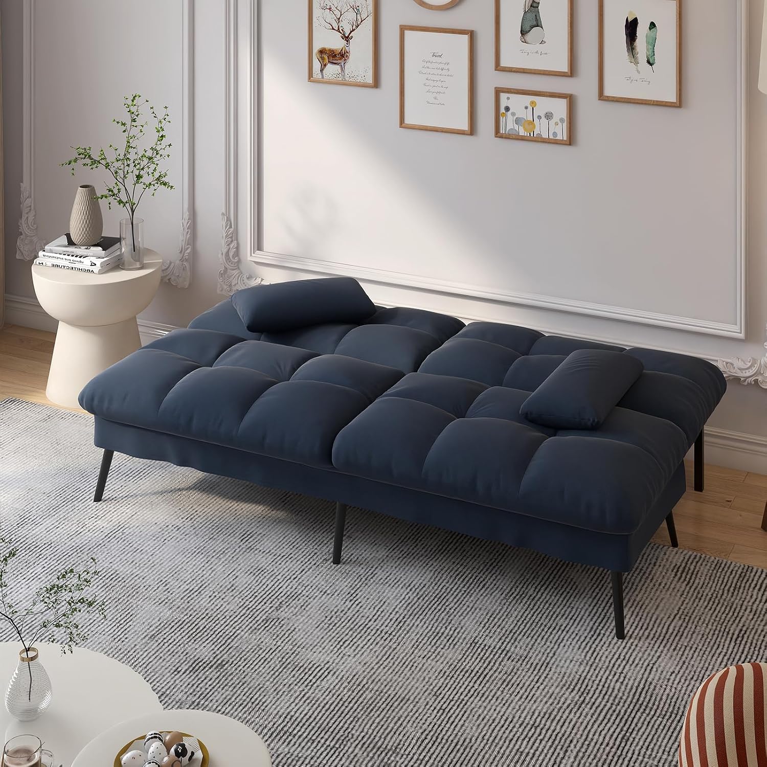 COMHOMA Convertible Futon Sofa Bed, 72″Fabric Futons Couch with Adjustable Backrest, Folding Sleeper Recliner for Living Room Furniture (Blue)