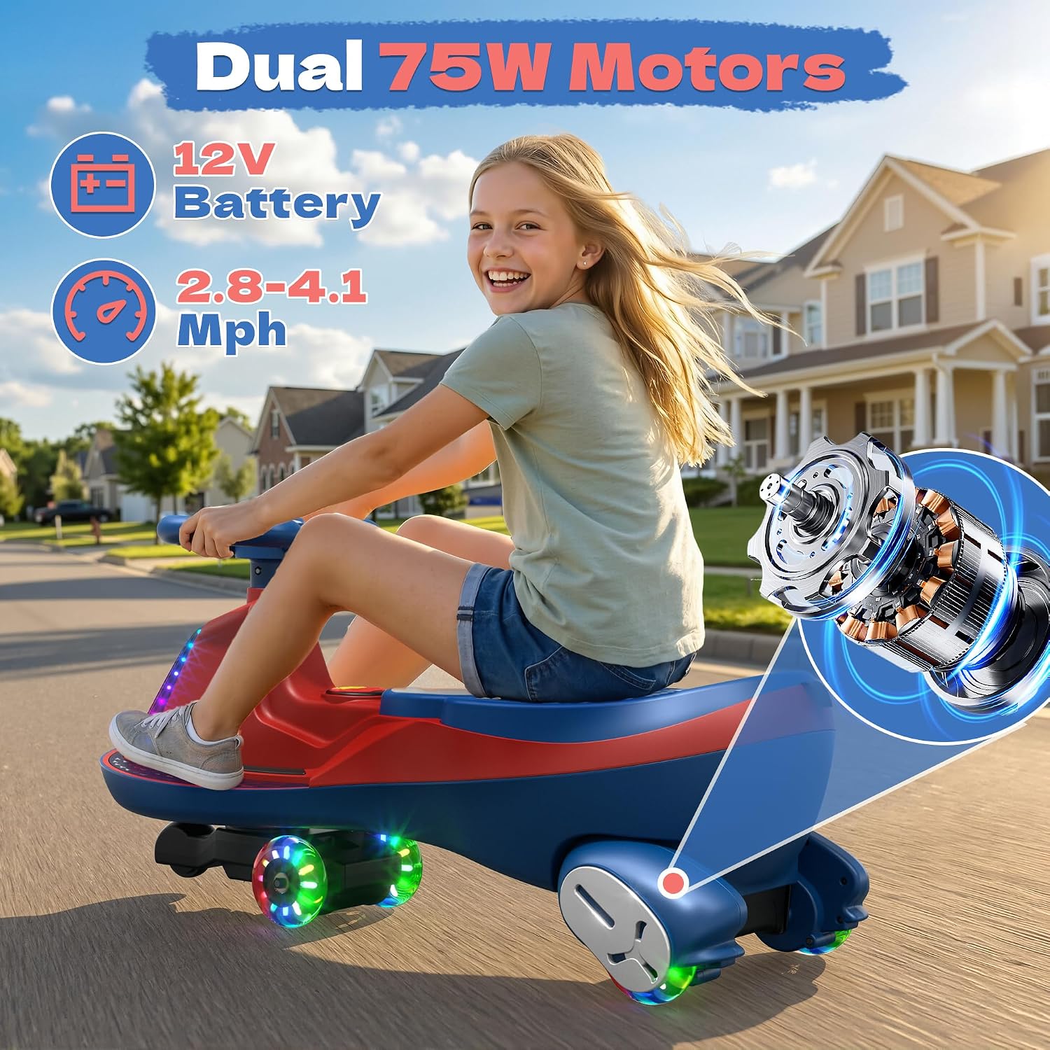 ANPABO 12V Electric Wiggle Car with Pedals, 2 Seater, 2x75W Motor, Music & Bluetooth, Ride On Toy for Kids Ages 3+, 170 Lbs, Blue
