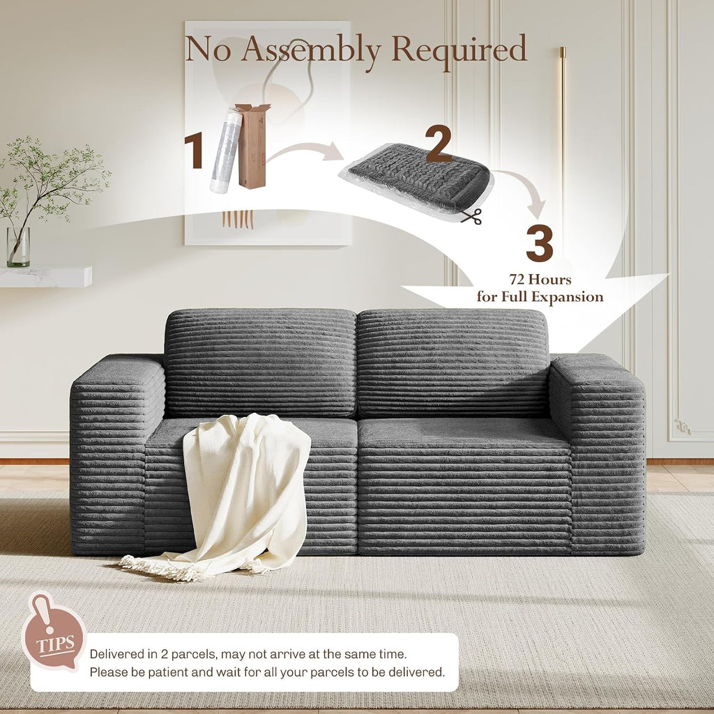 Vesgantti 80' Modular Sectional Sofa, Corduroy Cloud Couch with Deep Seating & Spring Support, 2 Seater Compact Modular Couch, Boneless Sectional Sofa for Small Spaces, No Assembly Required, Grey