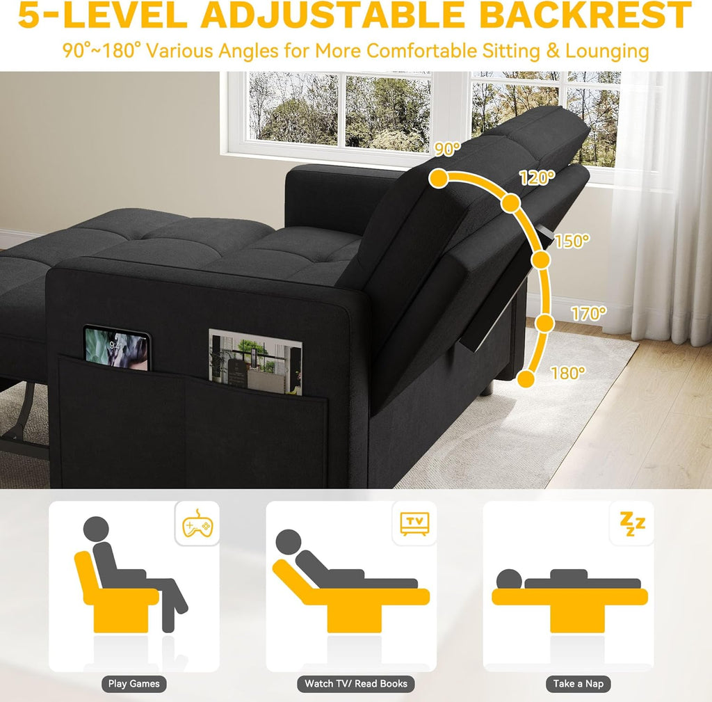 DWVO 3 in 1 Convertible Sleeper Sofa Bed, 55' Pull Out Sofa Bed with Adjustable Backrest and USB, Velvet Futon Couch with Side Pockets for Living Room, Black
